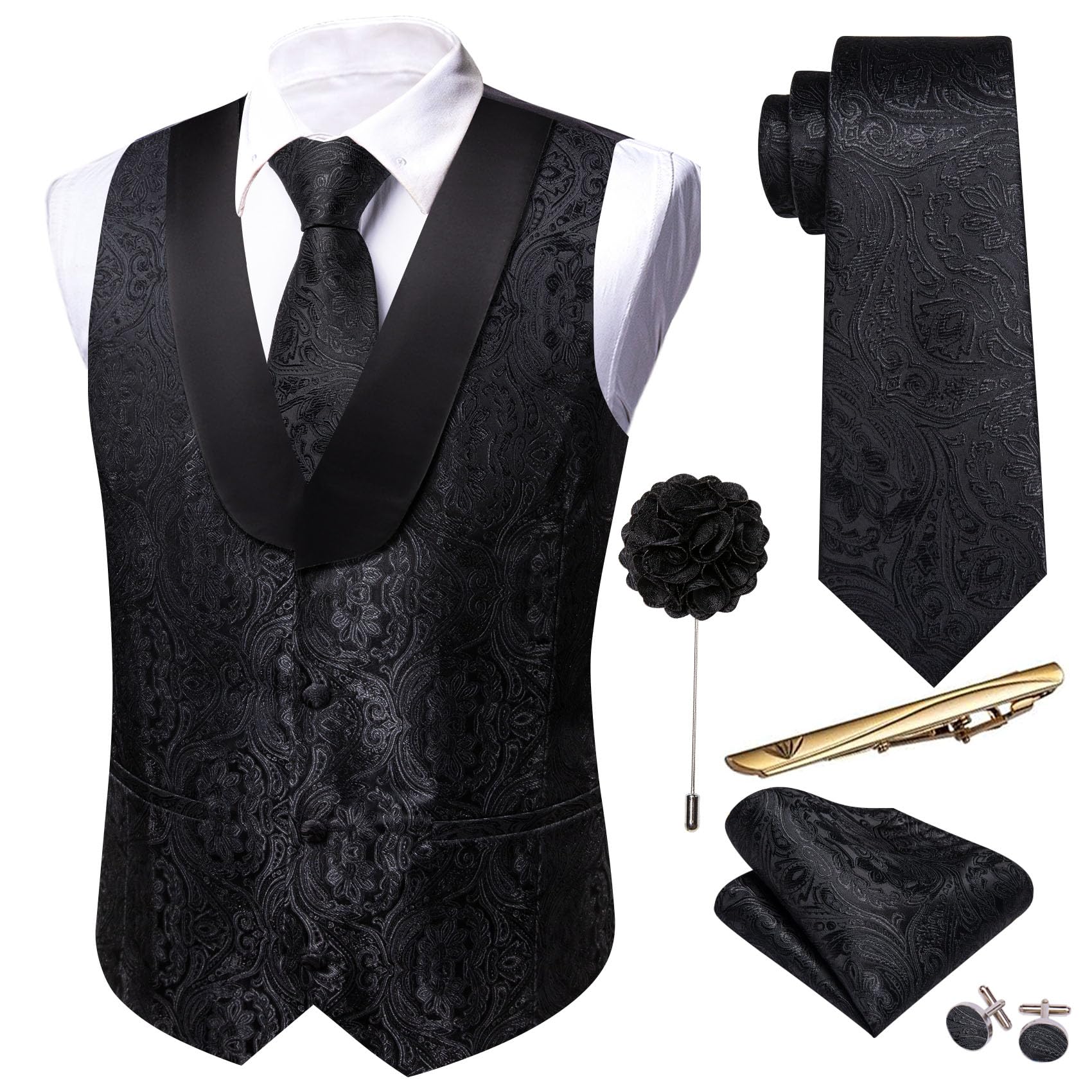 Barry.Wang Set da uomo con gilet e cravatta, in seta jacquard, con fiore, scialle, colletto, gilet, smoking, 6 pezzi, festa di nozze