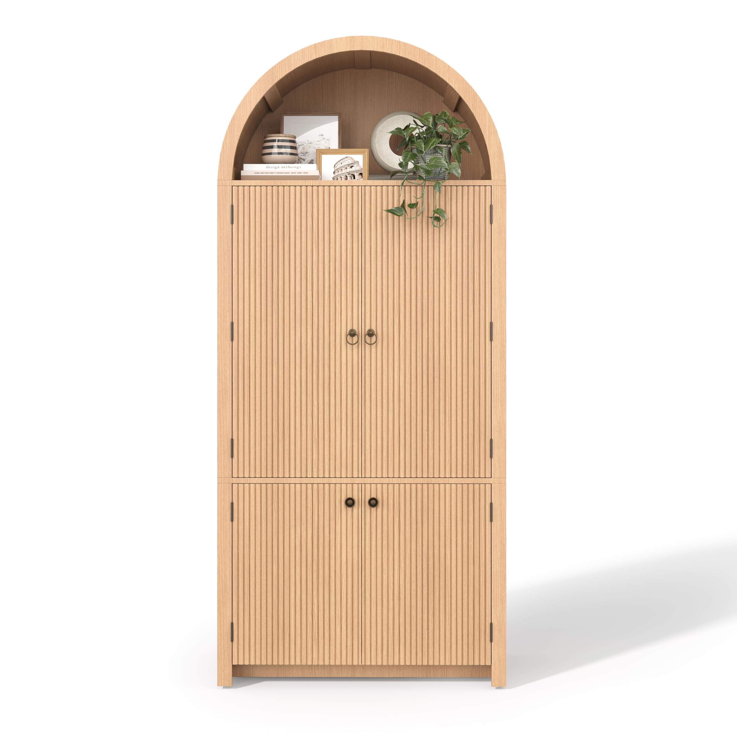 Armario arqueado 180 × 80 × 40 cm, vitrina con estantes para puerta y compartimento superior abierto, aspecto de madera, natural, para cocina, comedor, salón, dormitorio