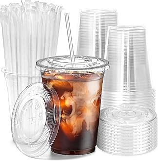 Fit Meal Prep 600 Pack 16 oz Plastic Iced Coffee Cups with Flat Lids and Clear Straws, Disposable Clear Cup, BPA Free Cup for Party, Smoothie, Cold Drinks, Juice, Milkshake, Bubble Boba, Tea