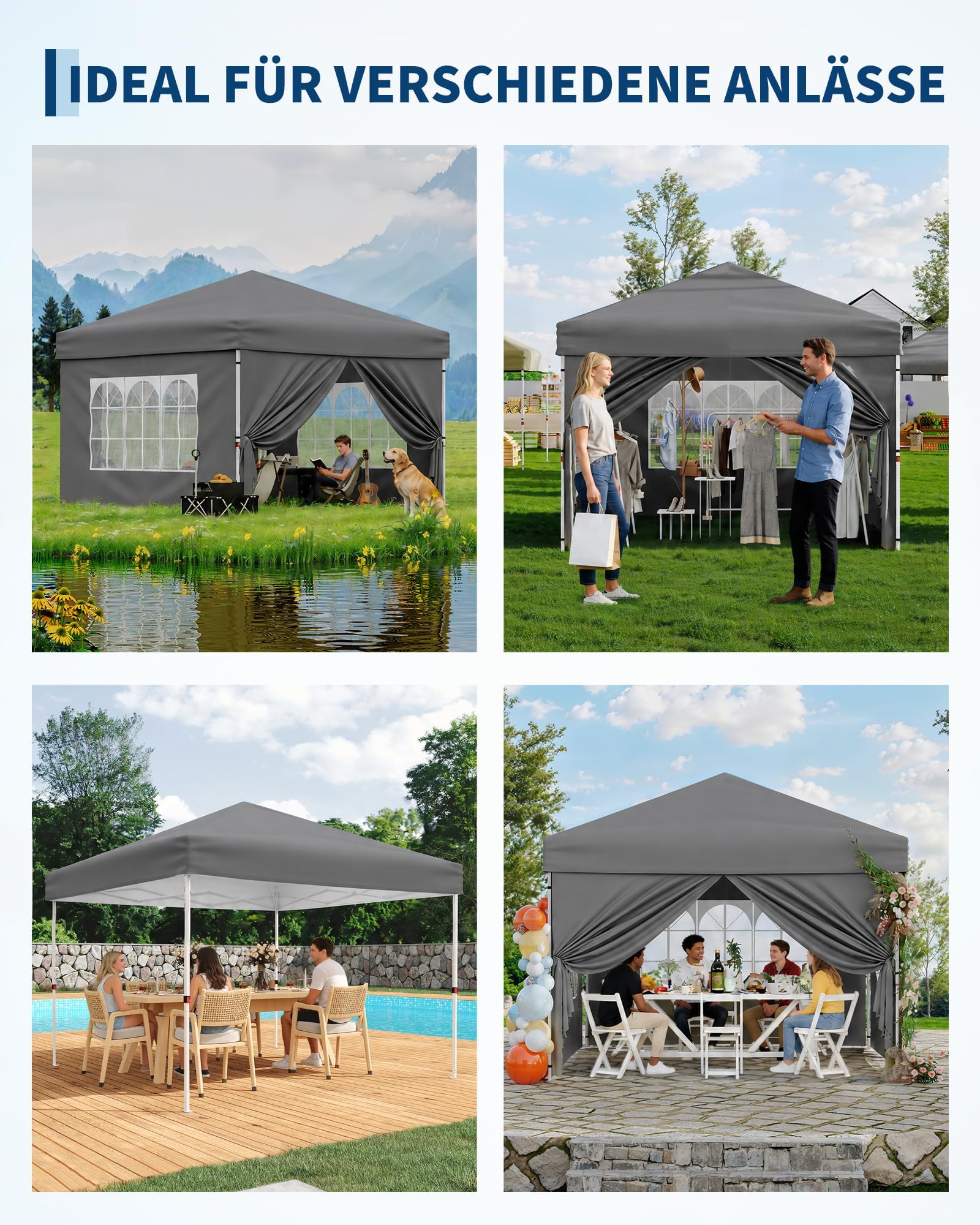 Faltbarer Pavillon, 3 x 3 m, wasserdicht, für den Garten, 4 Seitenwände mit Fenstern, UV-Schutz 50+, höhenverstellbar, robuste Stahlkonstruktion, inklusive Heringe, Seile, Sandsäcke und Tasche