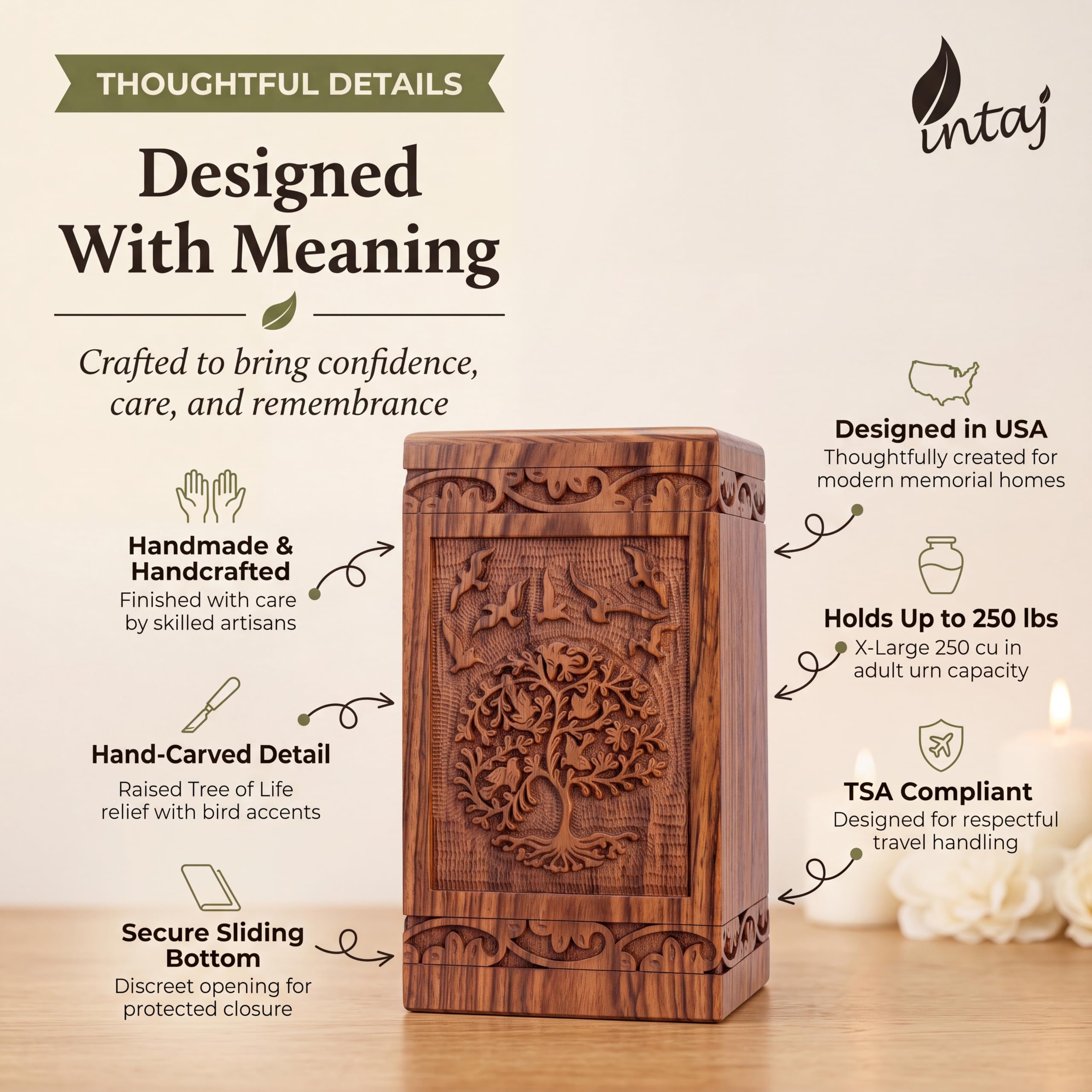 Urna de madera del árbol de la vida para cenizas humanas, capacidad de 115 libras, adecuada para entierro para hombres, mujeres, mamá, papá, mini urna de cremación de recuerdo de palisandro para