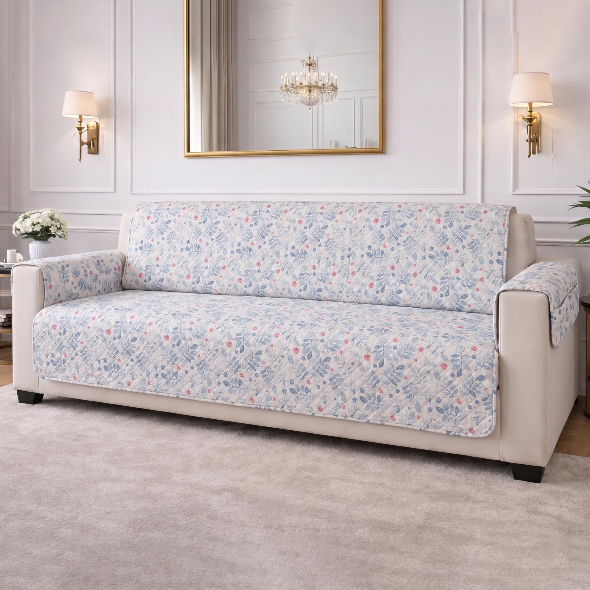 STITCHNEST 'CloudFeel Series' Quilted Printed Velvet Sofa Cover for 1 Seater | Premium Soft Velvet Sofa Protector | Blue Floral Leaf Print Design with Armrest Pockets | Furniture Cover
