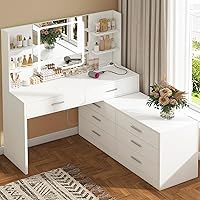Vista 11 de Quimoo - Escritorio de tocador grande de 48" con espejo y luces, tocador de maquillaje con 6 cajones, toma de corriente, juego de mesa de tocador