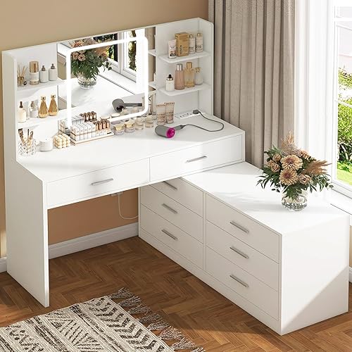 Miniatura 11 de Quimoo - Escritorio de tocador grande de 48" con espejo y luces, tocador de maquillaje con 6 cajones, toma de corriente, juego de mesa de tocador