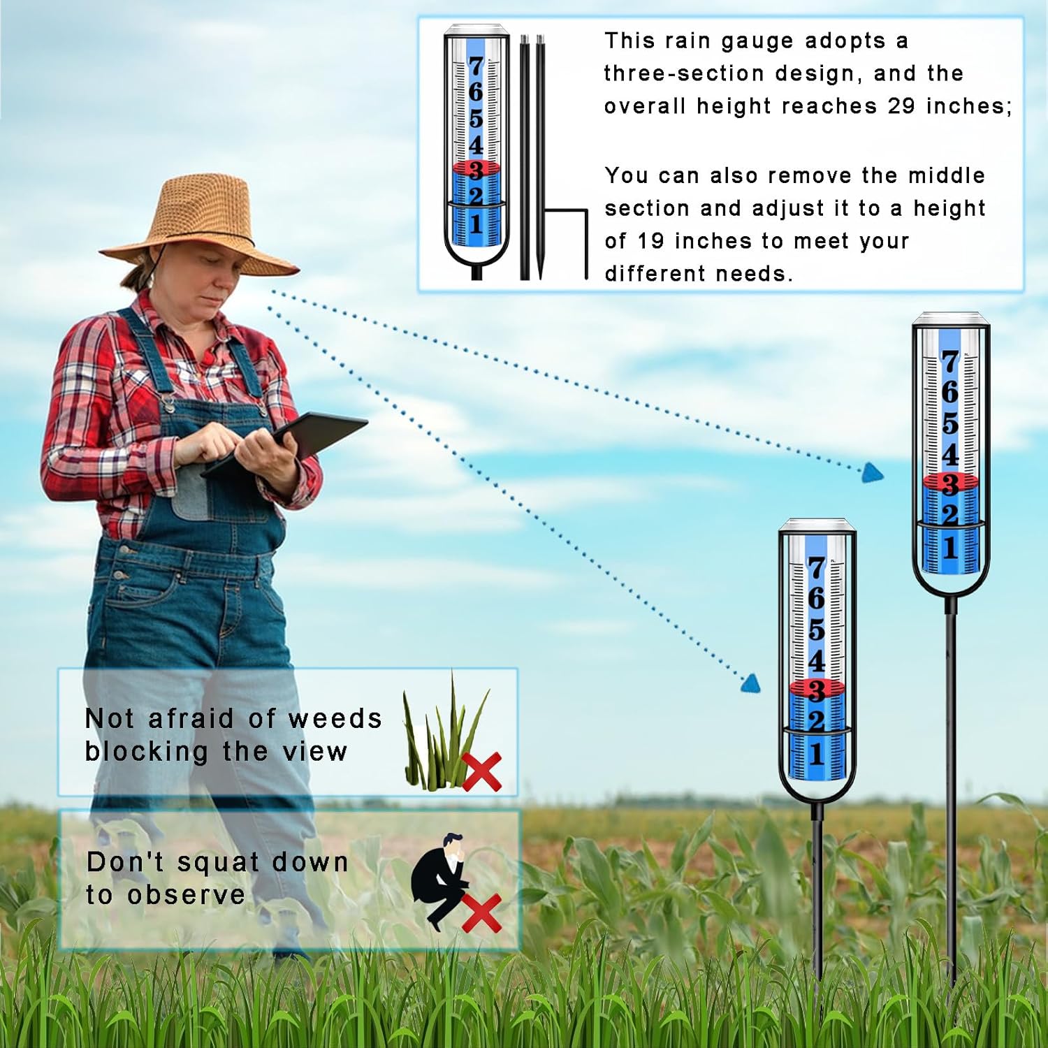 Rain Gauge Outdoor, Rain Gauges Outdoors Best Rated, Accurate Rain Measure Gauge for Garden, Thickened Tube Rain Meter with Stake, Adjustable Height & Large Font Water Gauge for Rain, Easy to Read