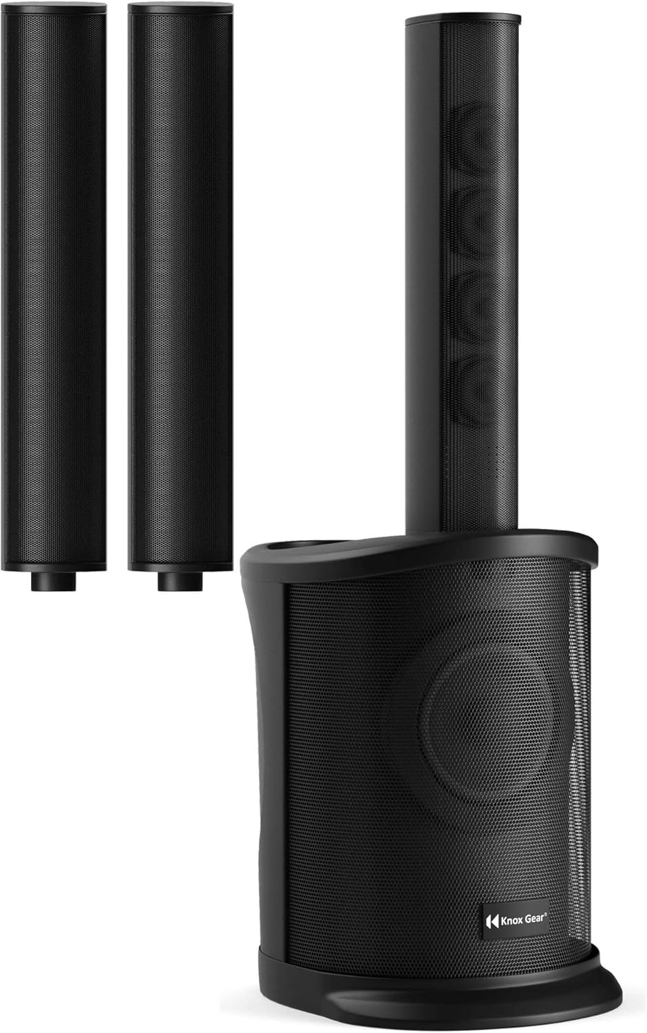 Assembled Knox Gear Line Array Speaker System with subwoofer base, two spacers, and column array.