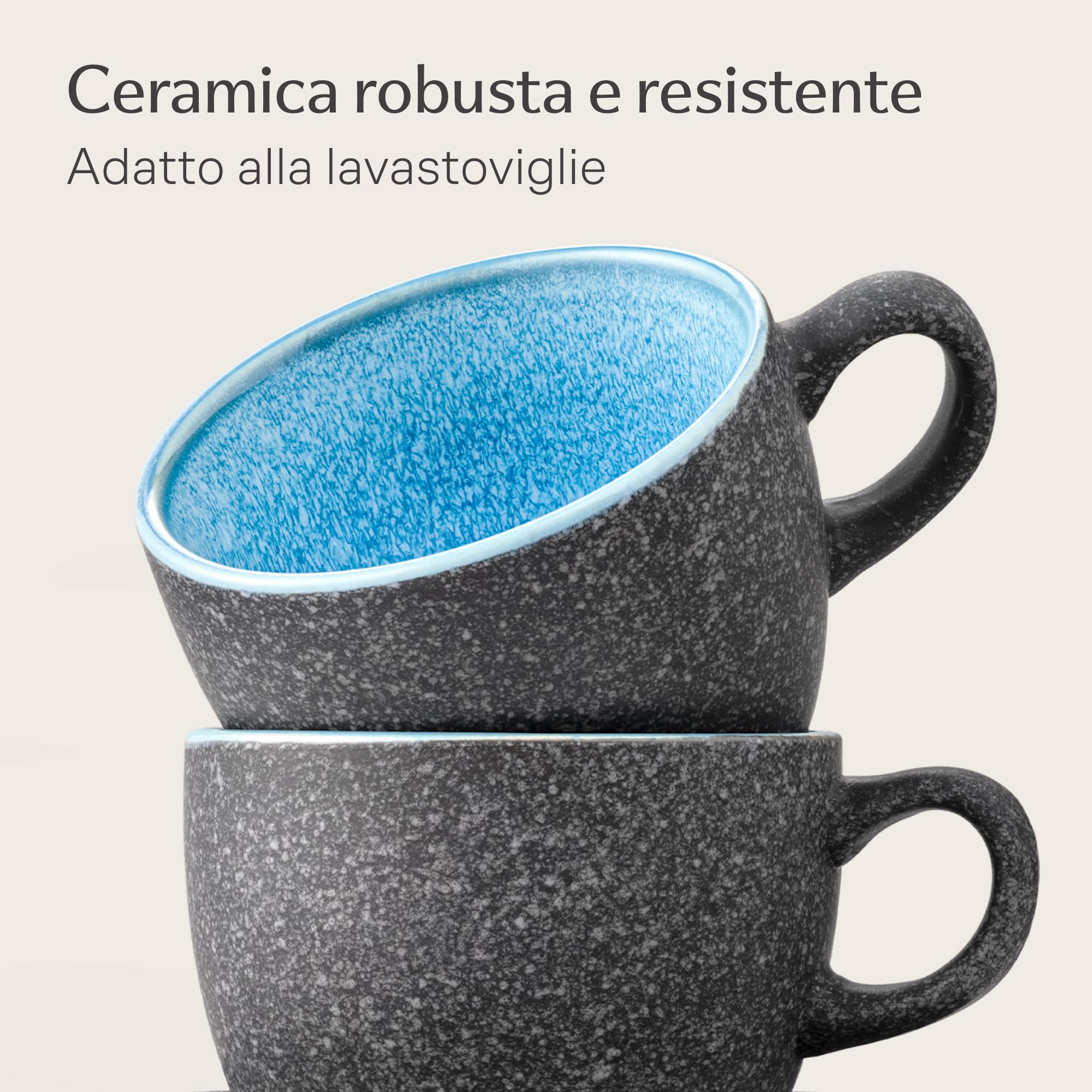 Cosumy Set di 4 Tazze per Cappuccino in Ceramica con Piattini - 200ml - Gres Spesso con Smalto Reattivo Artigianale – Mantiene il Calore a Lungo (Colorato)