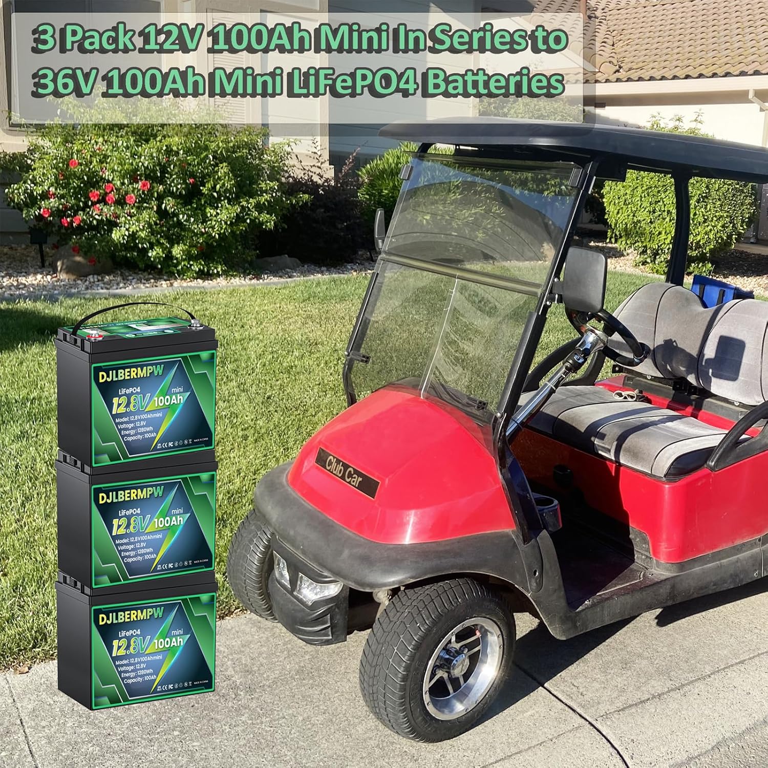 36V 100Ah LiFePO4 Lithium Battery,8000+ Deep Cycle Golf Cart Battery 36V, 100A BMS 3840W Energy, 3 Pack 12V 100Ah Mini in Series to 36V 100Ah Lithium Batteries for Club Car,RV/Camper,Marine