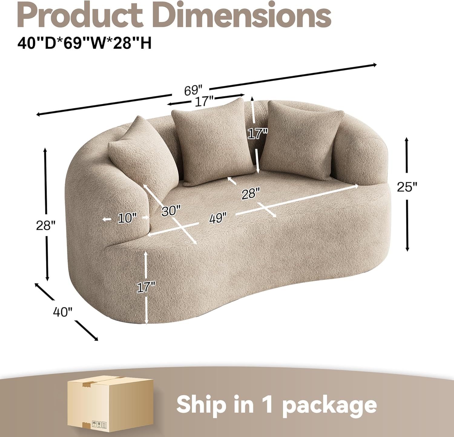 69" Curved Loveseat Sofa for Living Room, Modern Chenille Love Seat Cloud Couch, Luxury Plush Extra Deep Oversized Sofa for Small Spaces, Bedroom, Apartment‌, No Assembly Required, Light Brown