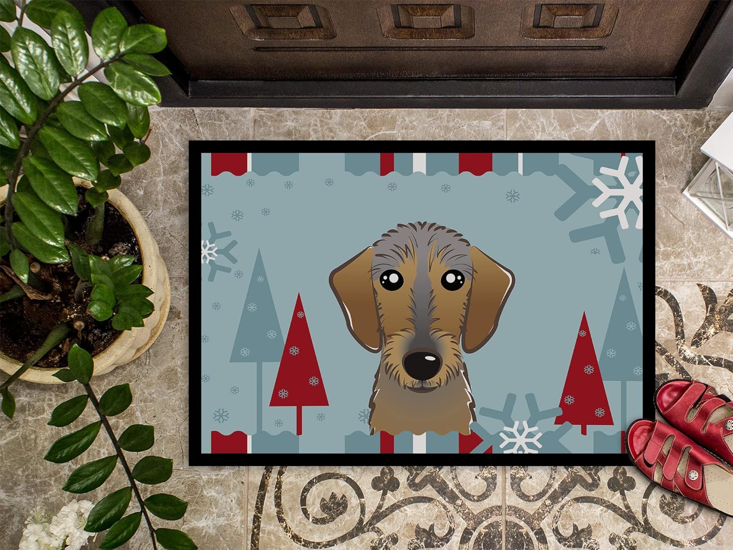 Caroline's Treasures BB1729MAT Winter Holiday Wirehaired Dachshund Doormat 18x27 Front Door Mat Indoor Outdoor Rugs for Entryway, Non Slip Washable Low Pile, 18H X 27W