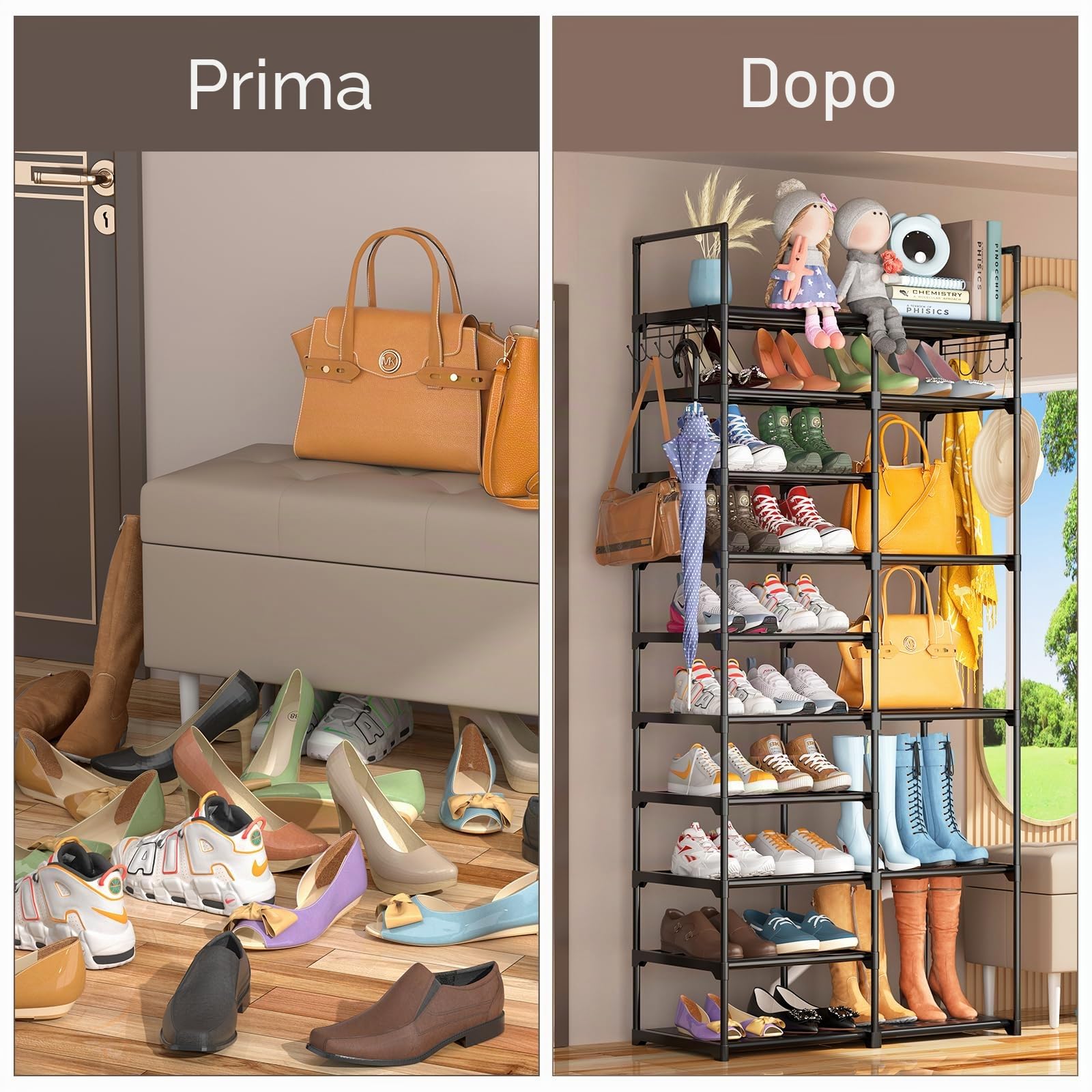 Kottwca - Scarpiera a 2 file con 10 ripiani, organizer per armadio e ingresso, scaffale porta scarpe per 40-45 paia di stivali, scaffale porta scarpe verticale piccolo in metallo impilabile per angolo