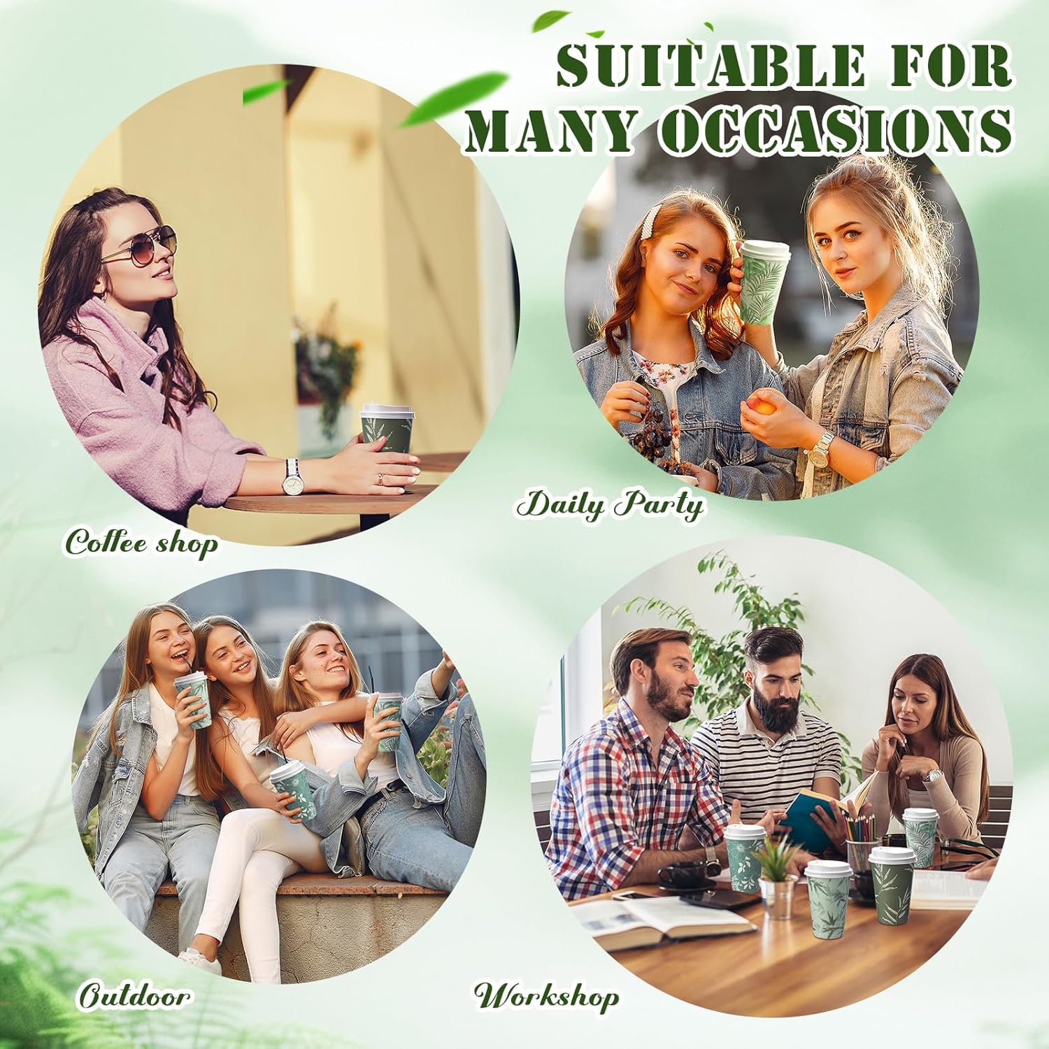 100 Pcs Greenery Disposable Coffee Cups with Lids 12oz Sage Green Themed Leaves Pattern Paper Cups Travel Coffee Mugs for Spring Summer Party Outdoor Picnic Wedding Restaurant Supplies - Image 6