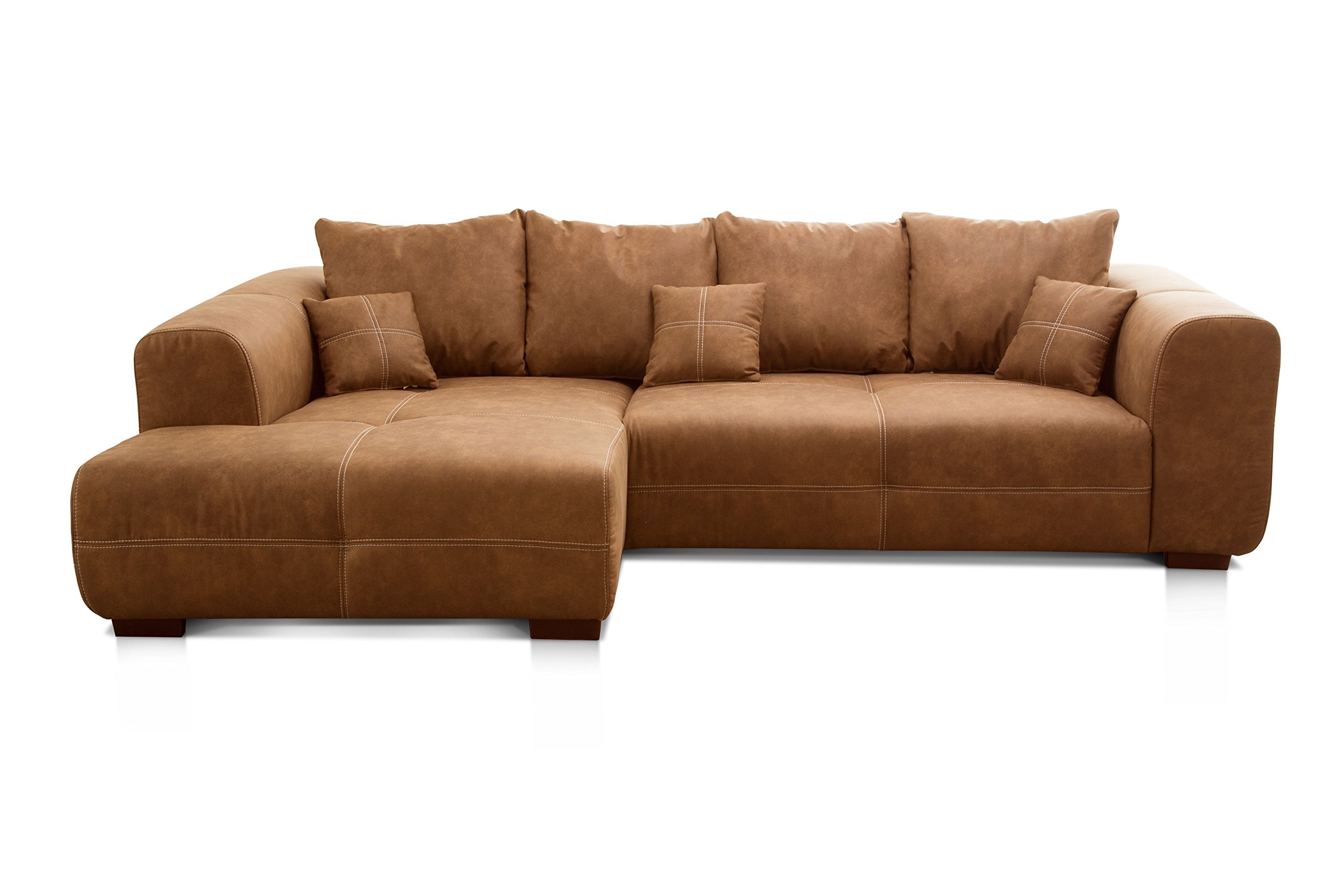 Cavadore Canapé d'angle Mavericco XXL avec Coussin de Dossier et Coussin décoratif, Chaise Longue à Gauche, Style Industriel, 285 x 69 x 170 cm (l x H x P), en Microfibre, Cognac