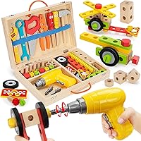 WEMEMORN 46pcs Kids Wooden Tool Set with Electric Drill & Toolbox - Montessori STEM Building Toys for Boys Girls 3-6 Years