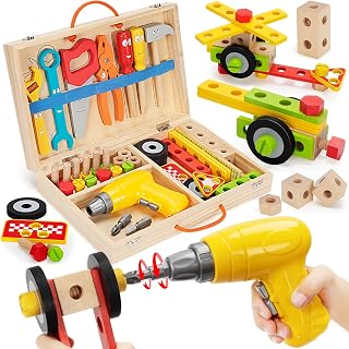 WEMEMORN 46pcs Kids Wooden Tool Set with Electric Drill & Toolbox - Montessori STEM Building Toys for Boys Girls 3-6 Years