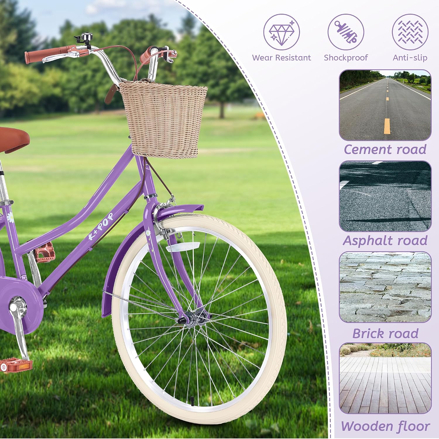 24 Inch Girls Bike with Basket, Single Speed Beach Cruiser Bike for Girls Youth and Over 8 Years Old, Lightweight Kids Bicycle with Front and Rear Brakes, Multiple Colors