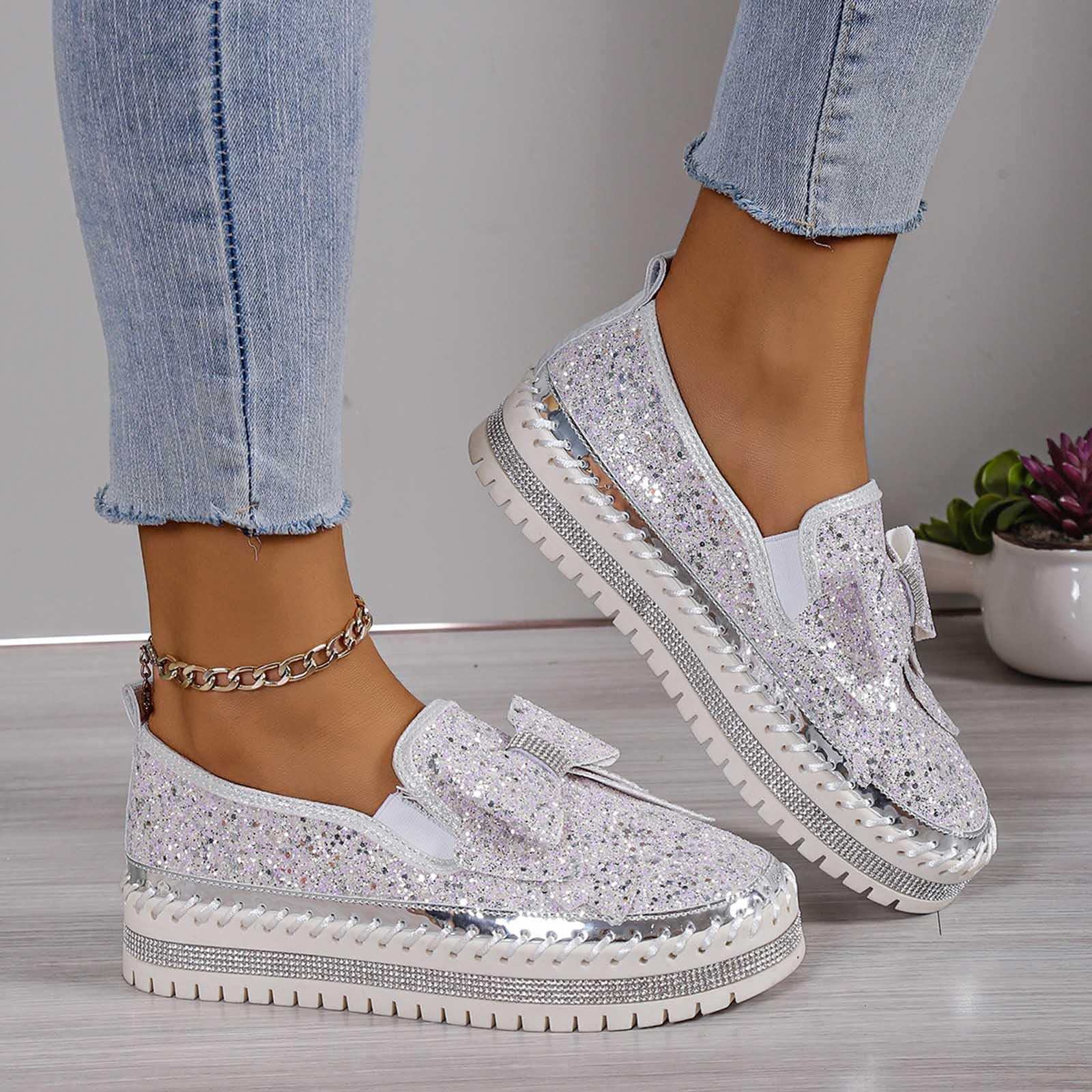 Womens Trainers - Zapatos casuales con lazo de lentejuelas para mujer