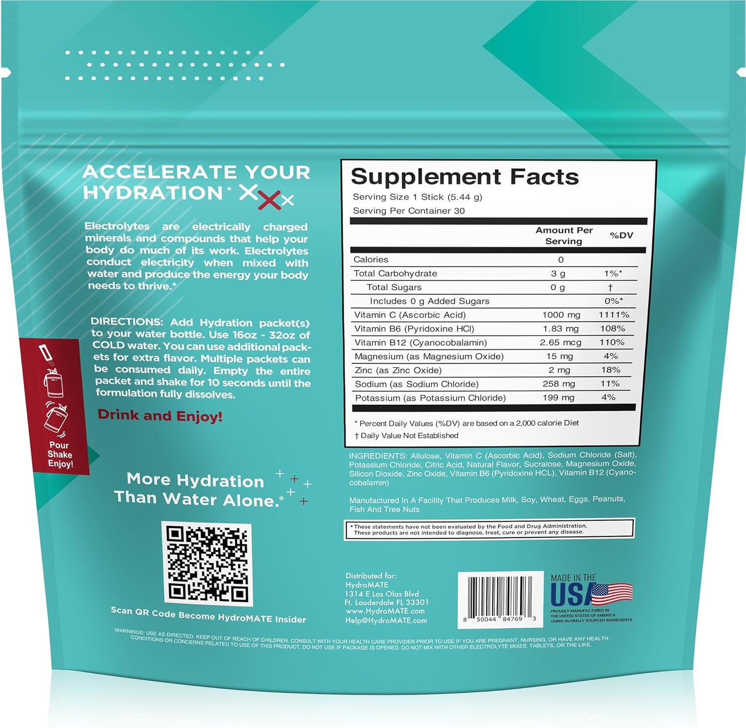 Electrolyte Powder Sugar-Free Hydration Packets Black Cherry HydroMATE 30 Sticks