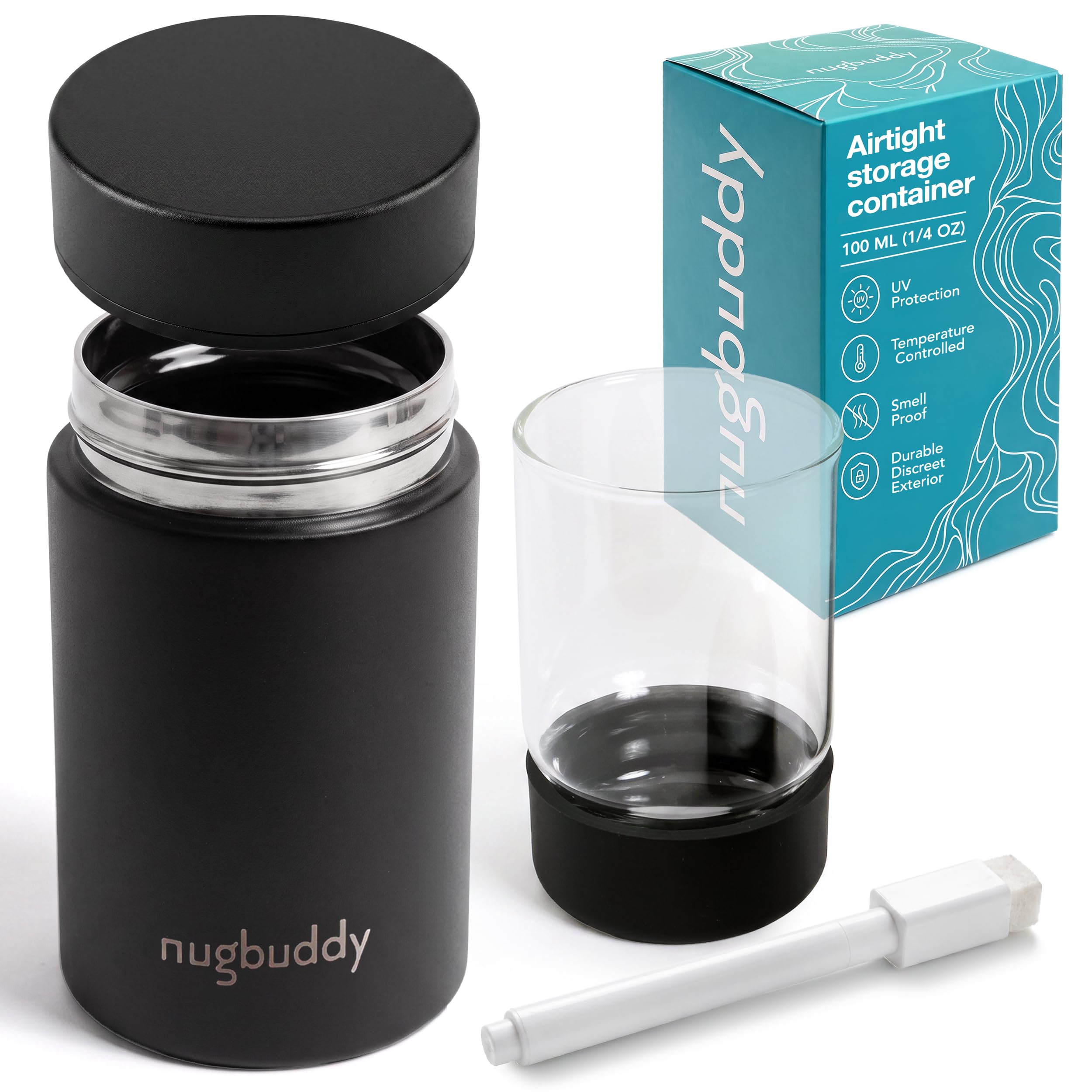 nugbuddy Mini Airtight Storage Container - Vacuum Sealed Insulated w Nested Glass Jar - U…