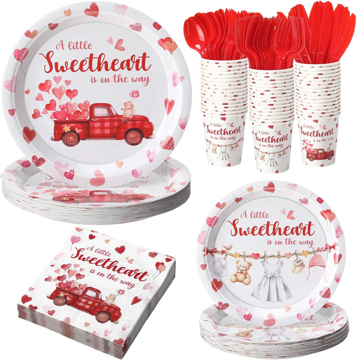 350 Pcs Valentines Day Baby Shower Decoration A Little Sweetheart is On The Way Disposable Dinnerware Tablecloth Paper Plates Napkins Forks Red Hearts for Sweetheart Party