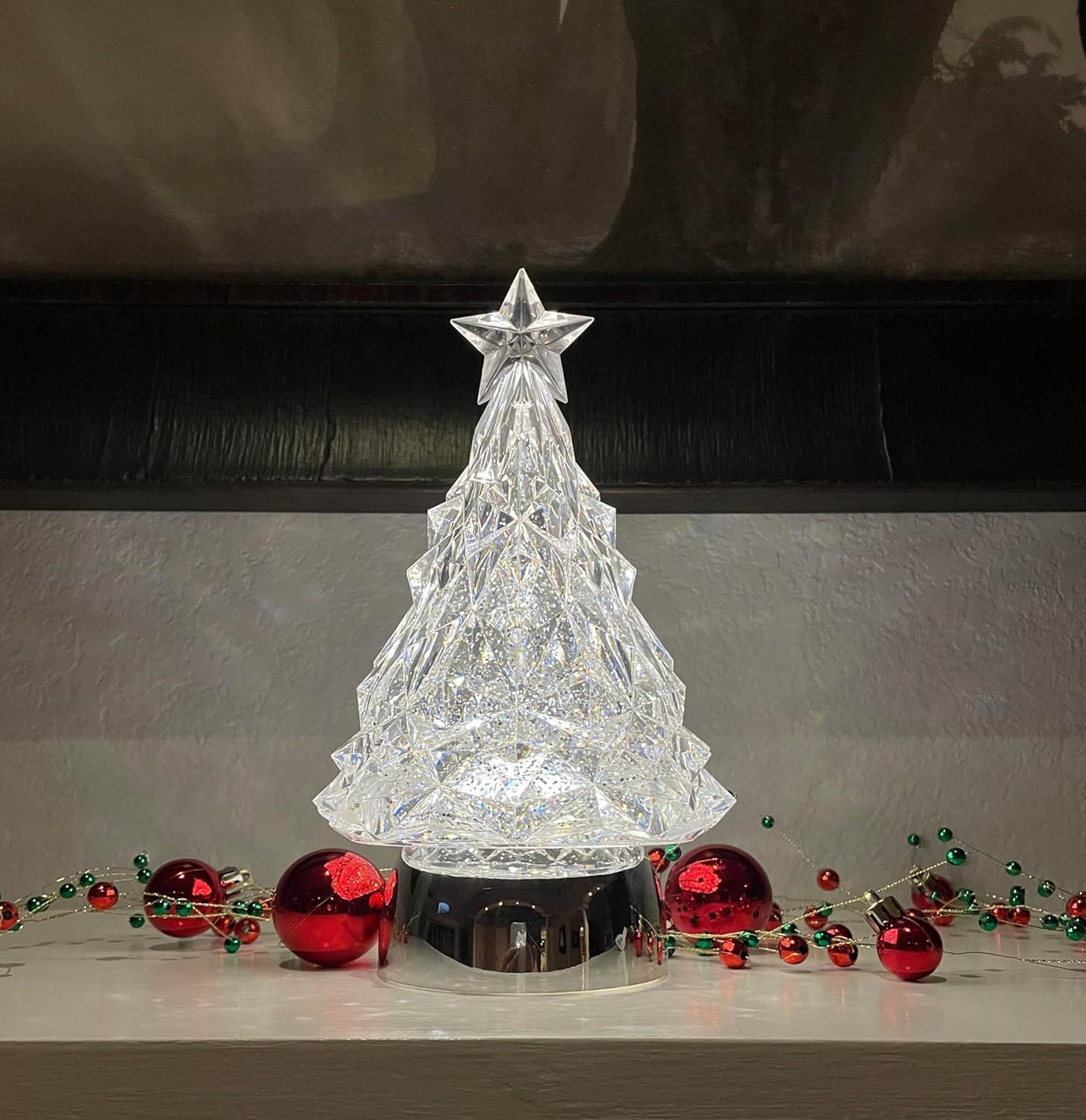 Christmas Tree Snow Globe Water Lantern in Faceted Crystal Look Acrylic - Swirling Glitter Snow and Star Topper, 9 Inches High x 5 Inches Wide, Battery Operated with Timer, USB Power Optional Cord