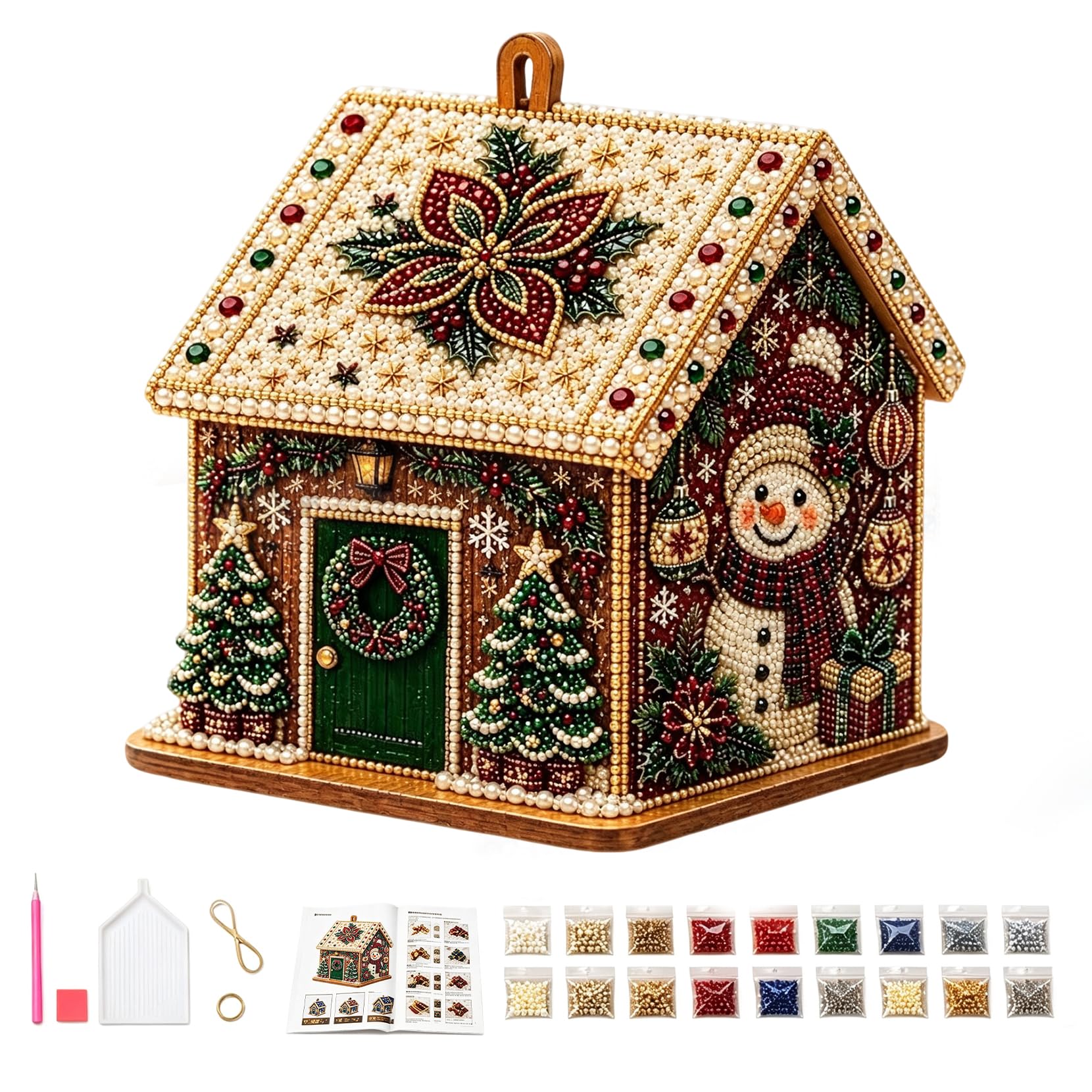 Ryzvelka 3D Christmas Pearl Diamond Painting House Kit, Poinsettia Cottage