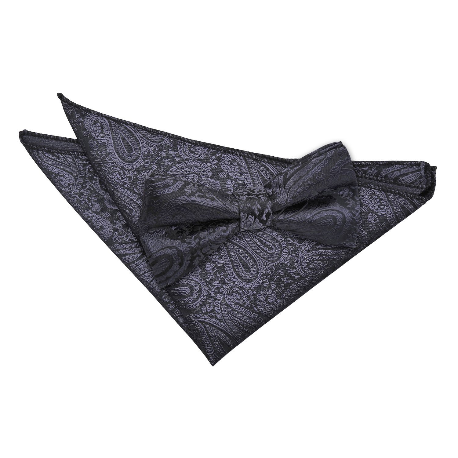 DQT Mens Paisley Floral Jacquard Bow Tie & Pocket Square Set (2pc) - Pre-Tied Wedding, Business & Formal - Charcoal Grey