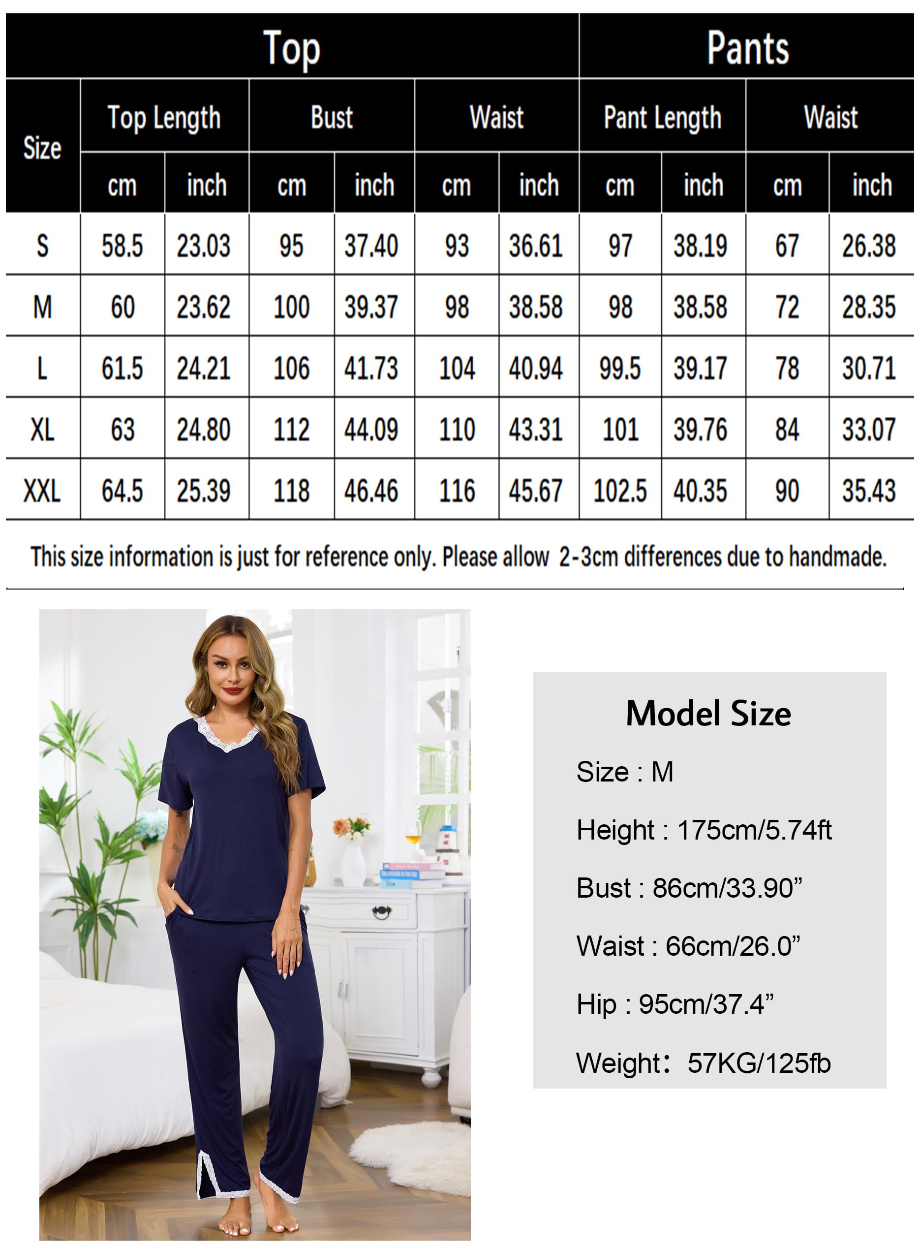 Lovasy Pigiama Donna a Maniche Corte Pigiama Due Pezzi Top con Scollo a V in Pizzo Sexy Lunghi Pantaloni con Tasche S-XXL
