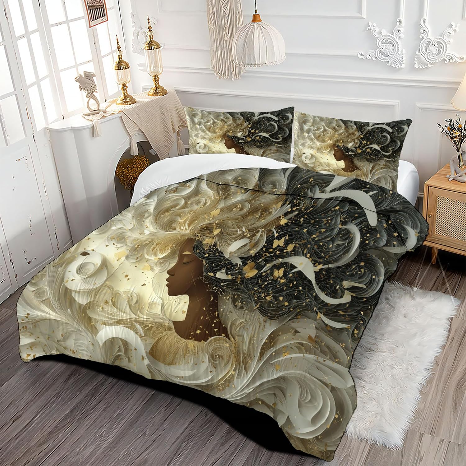 3D Whirlpool Woman Comforter Set Full Size Bedding Set White Paper Cutting Art All Season Down Comforter Printed Quilted with 2 Pillow Shams for Kids, Teens, Adults 80 x 90in Beige