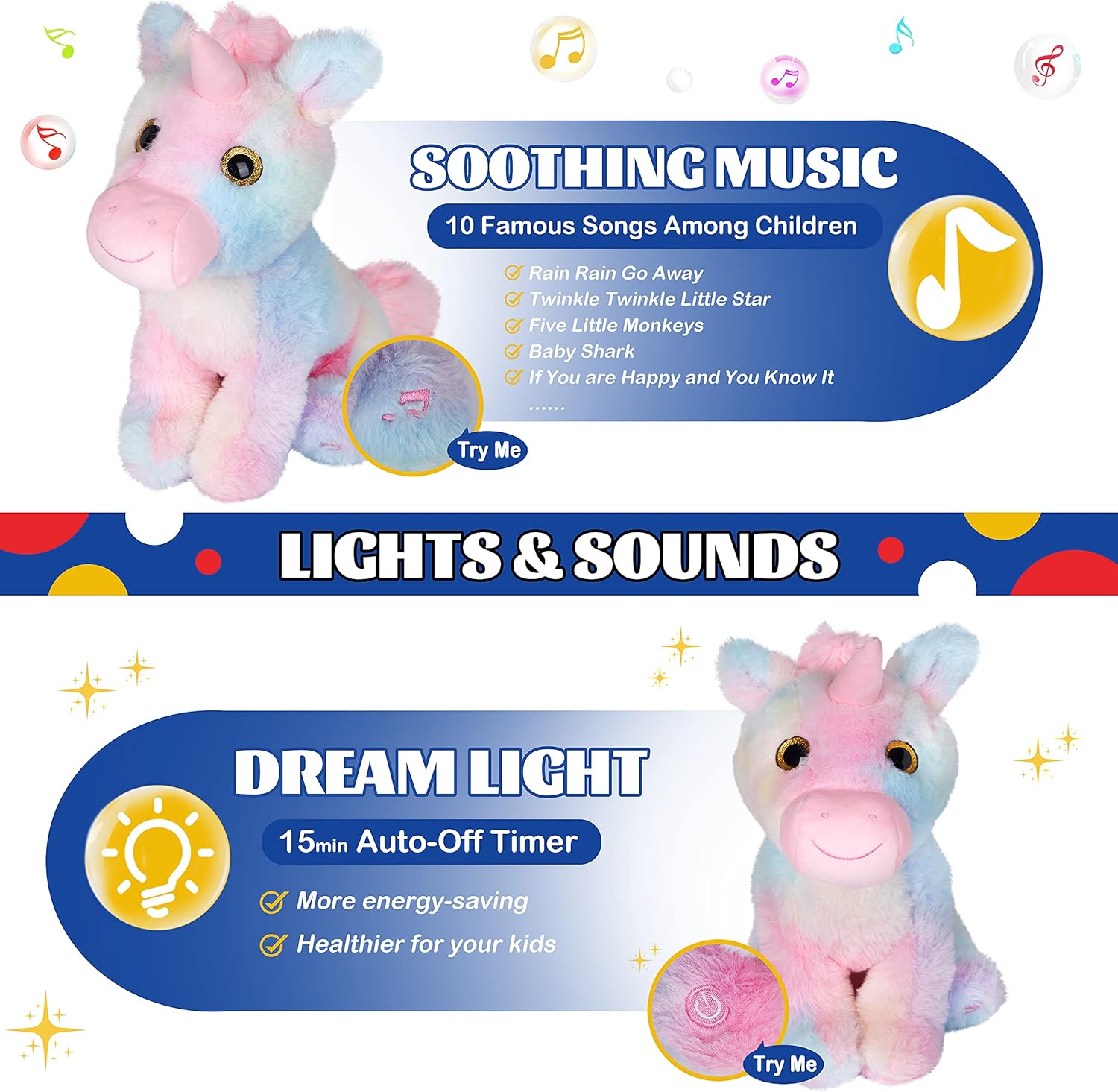 Unicorn toy demonstrating soothing music and dream light features with a 15-minute auto-off timer