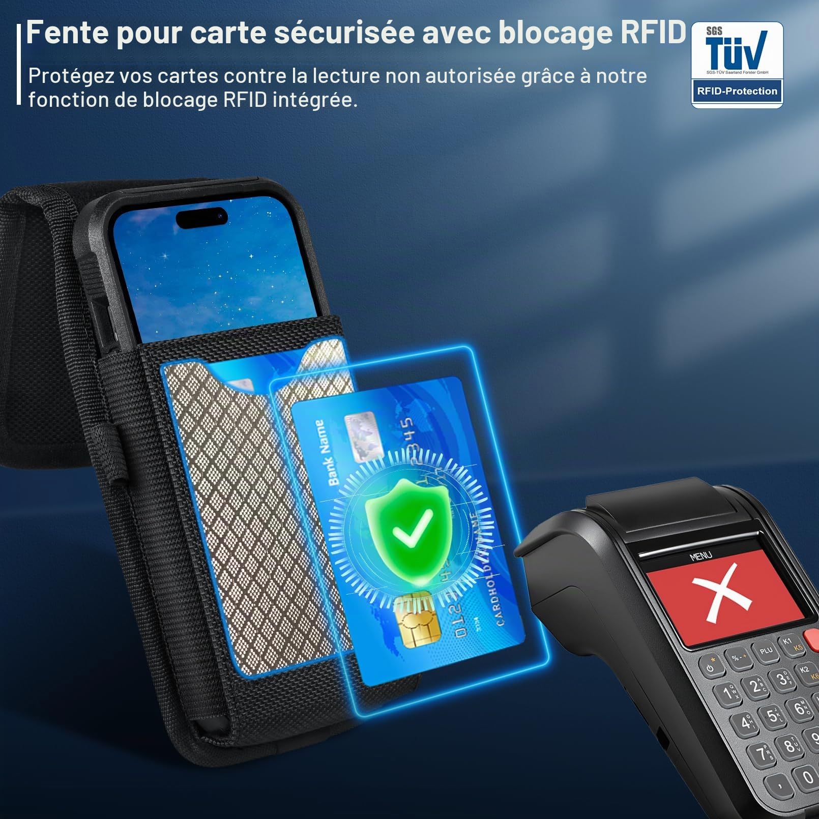 ykooe Étui de ceinture pour téléphone portable avec bloqueur RFID et clip de ceinture pour iPhone 16 Pro 15 Pro 14 Pro 13 Pro 12 Pro XR XS Samsung Galaxy S20 S21 S22 S23 S10e Google Pixel 6, taille L
