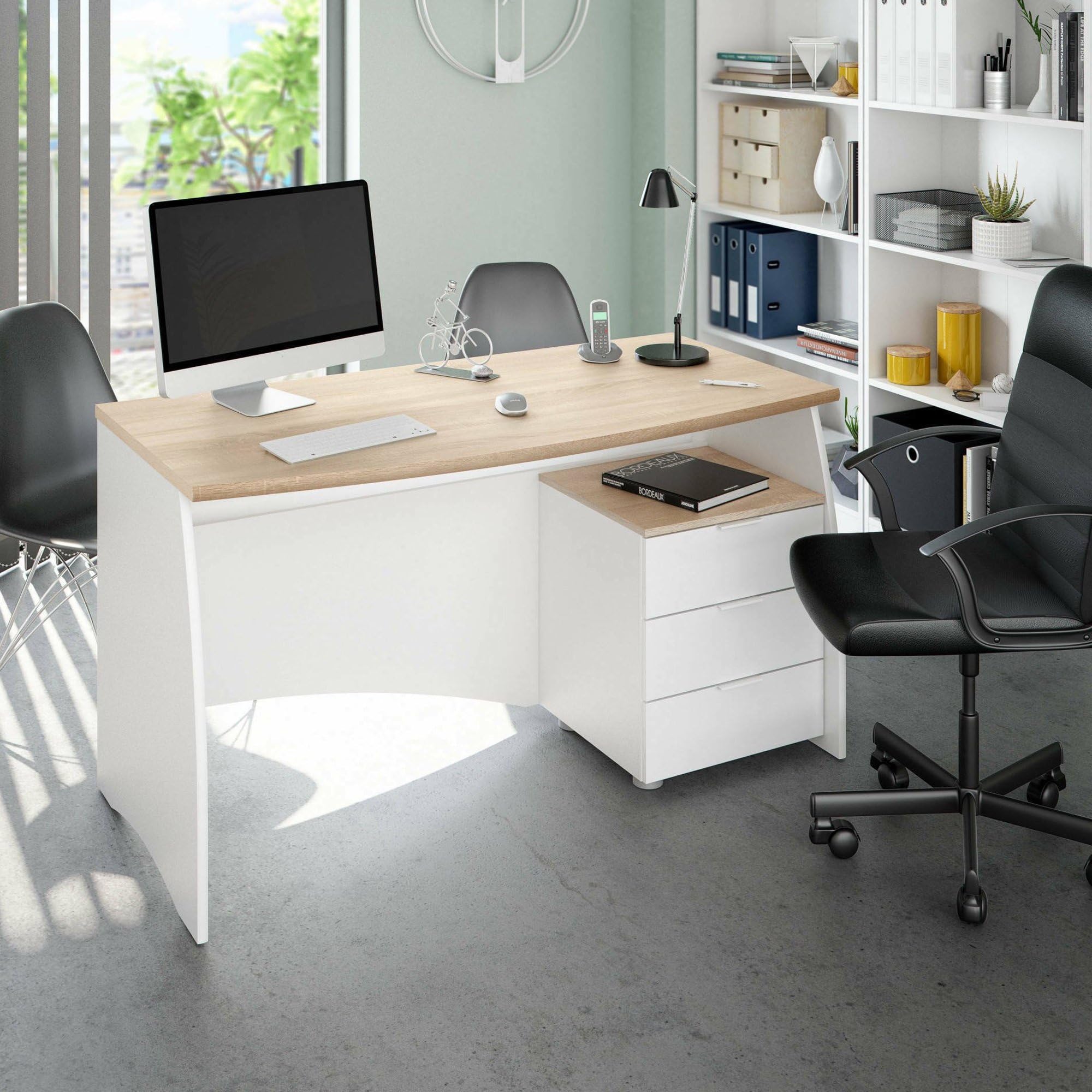 Dmora - Scrivania Carrollton, Scrittoio da ufficio, Tavolo da studio porta PC con 3 cassetti, 136x67h74 cm, Bianco e Rovere
