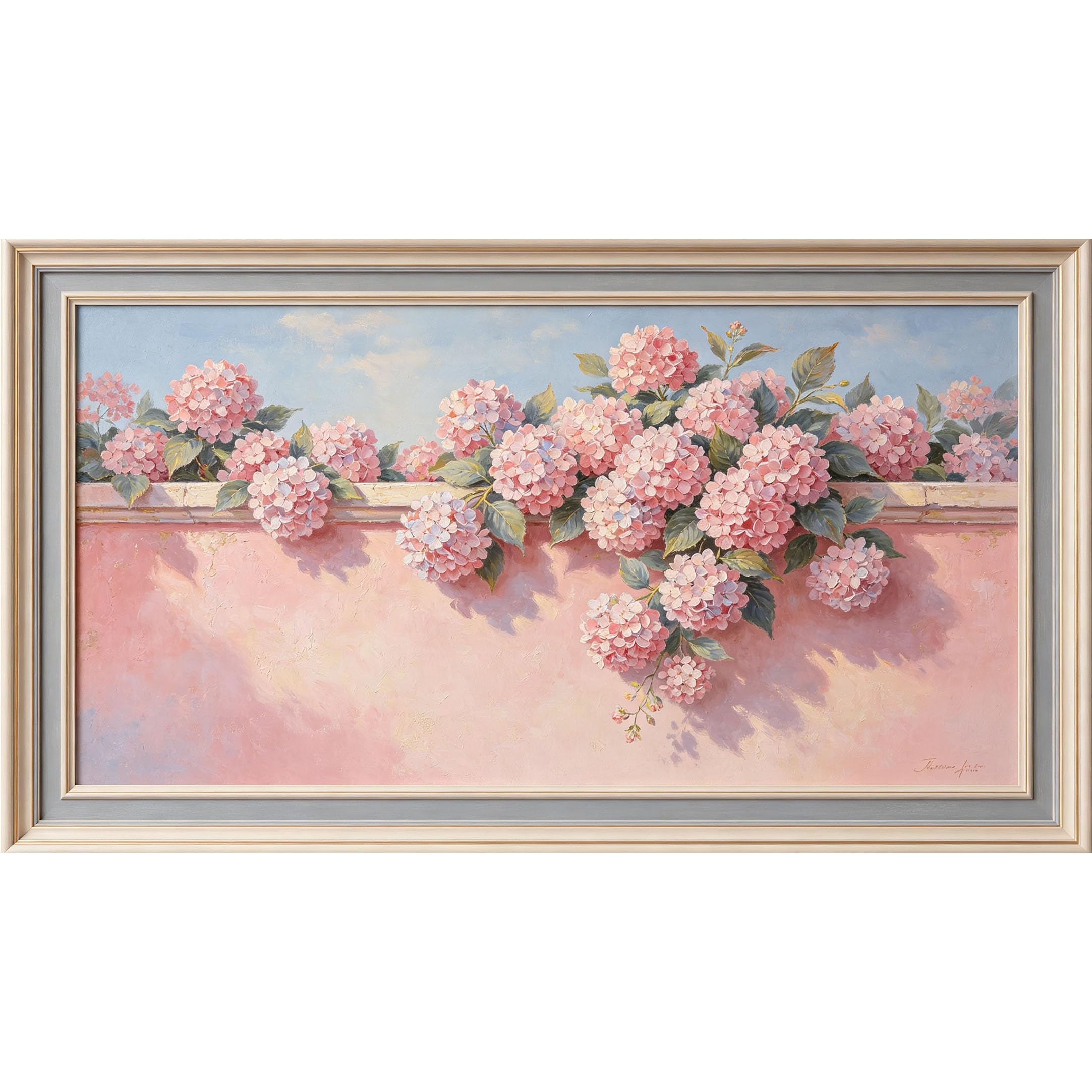 QZLITHOTIC 50x90cm3D Framed Wall Art， Pink Hydrangea Botanical Oil Painting Self‑Adhesive Mural， Water‑Activated Peel & Stick Fabric Decor Wall Decal for Bedroom Living Room