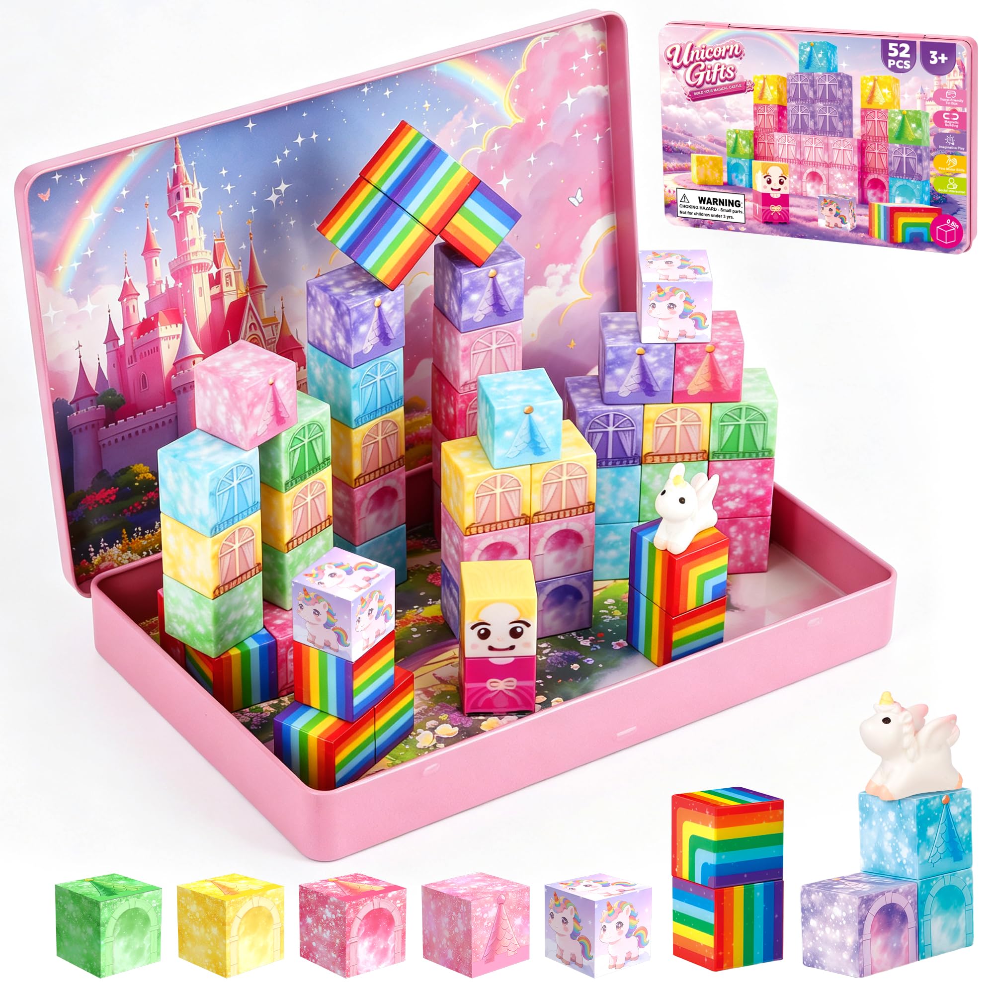 Magnetic Tiles Set for Kids - 52PCS Unicorn Magnetic Building Blocks, Mini Travel Magnetic Toys for Girls Boys Age 3 4 5 6 7 8 STEM Educational Learning Toy Birthday for Toddlers 3-9