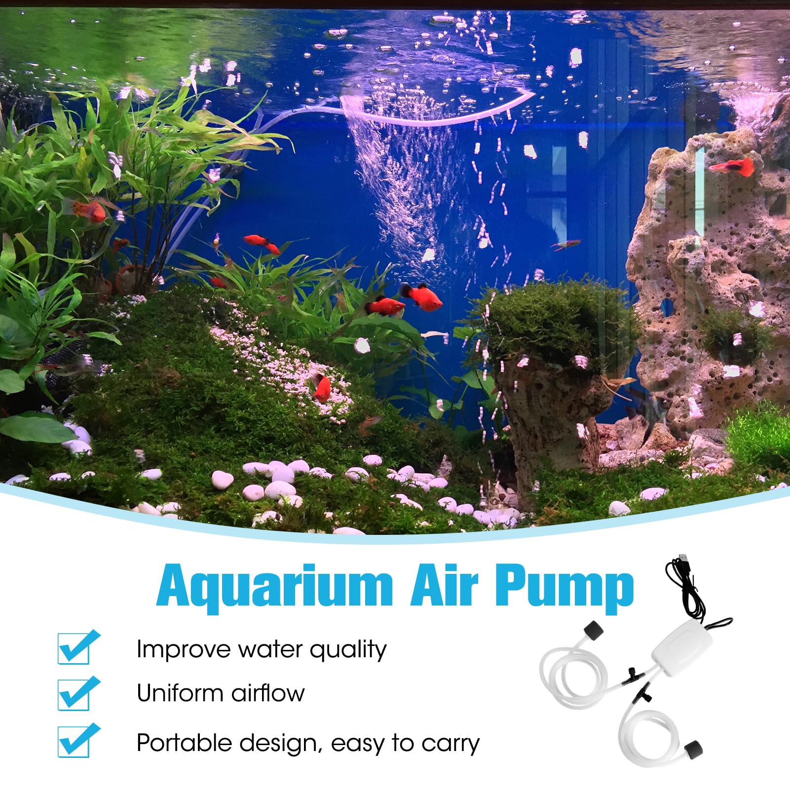 Pompe à air USB avec Double Pierre à air – Mini Pompe à oxygène 1 W économe en énergie, Portable avec Tuyau, Pierre à gazéifier pour Aquarium, Flux d’oxygène Stable pour Aquarium