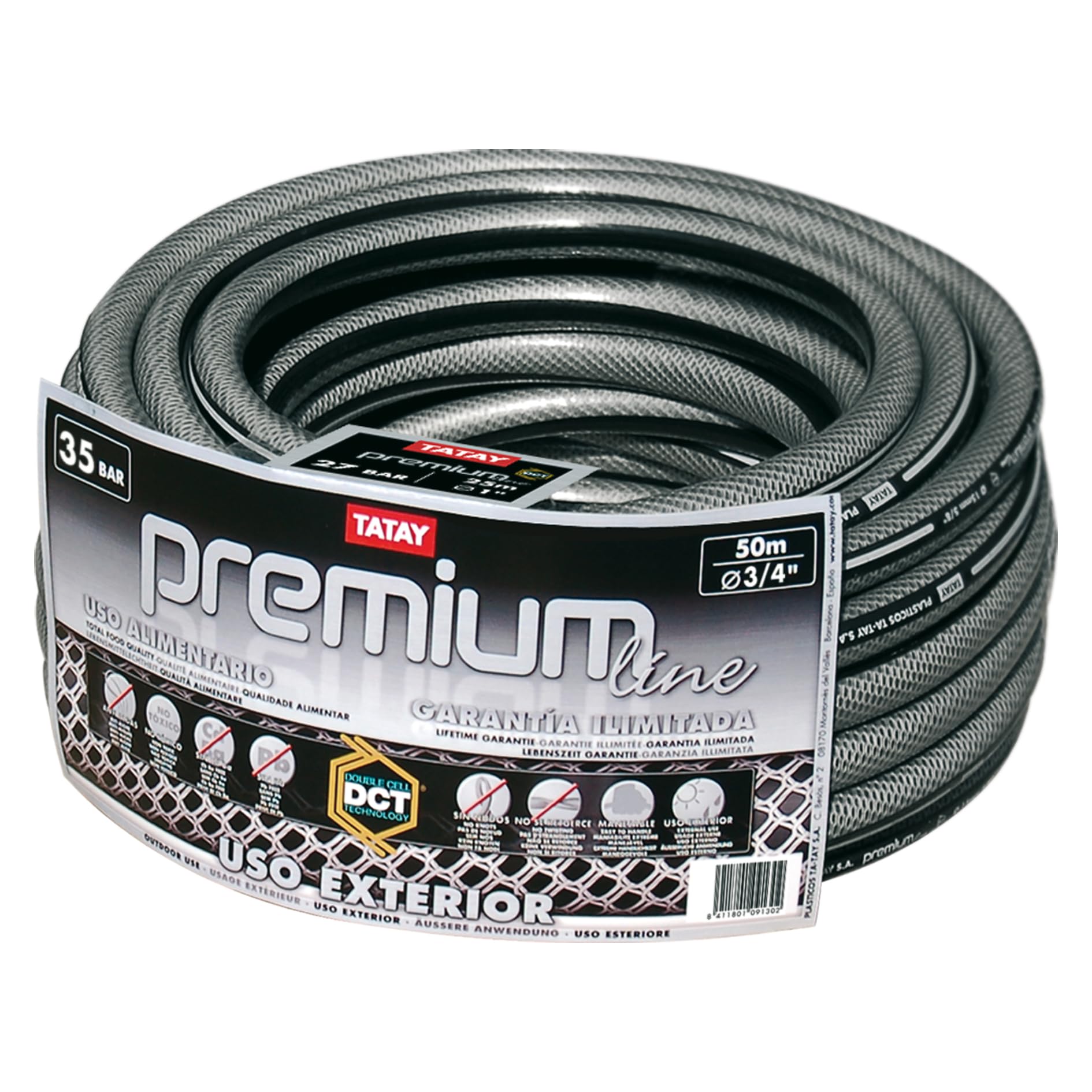 Tatay Manguera de Jardín Premium, 25 Metros, 1" 25mm de Díametro, de 4 Capas PVC Poliester, Resistencia 27 Bares y -20º a 60º, Antitorsión, Libre de BPA.