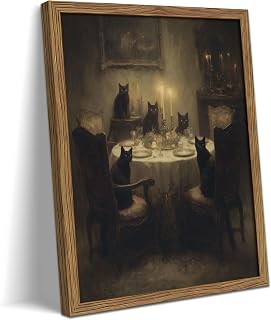Framed Black Cat Wall Art, Gothic Dark Academia Animal Canvas Wall Decor Painting, Vintage Moody Cat Dinner Artwork Poster Print Picture for Dining Room Living Room Halloween Decor 12x16 Inch