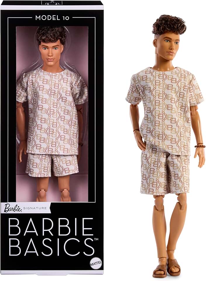 Barbie Basics Model Collector Ken Fashion Doll 10 with Brunette Hair in Shirt &amp; Shorts with Matching Print, Universal-fit Fashions &amp; Posable Body