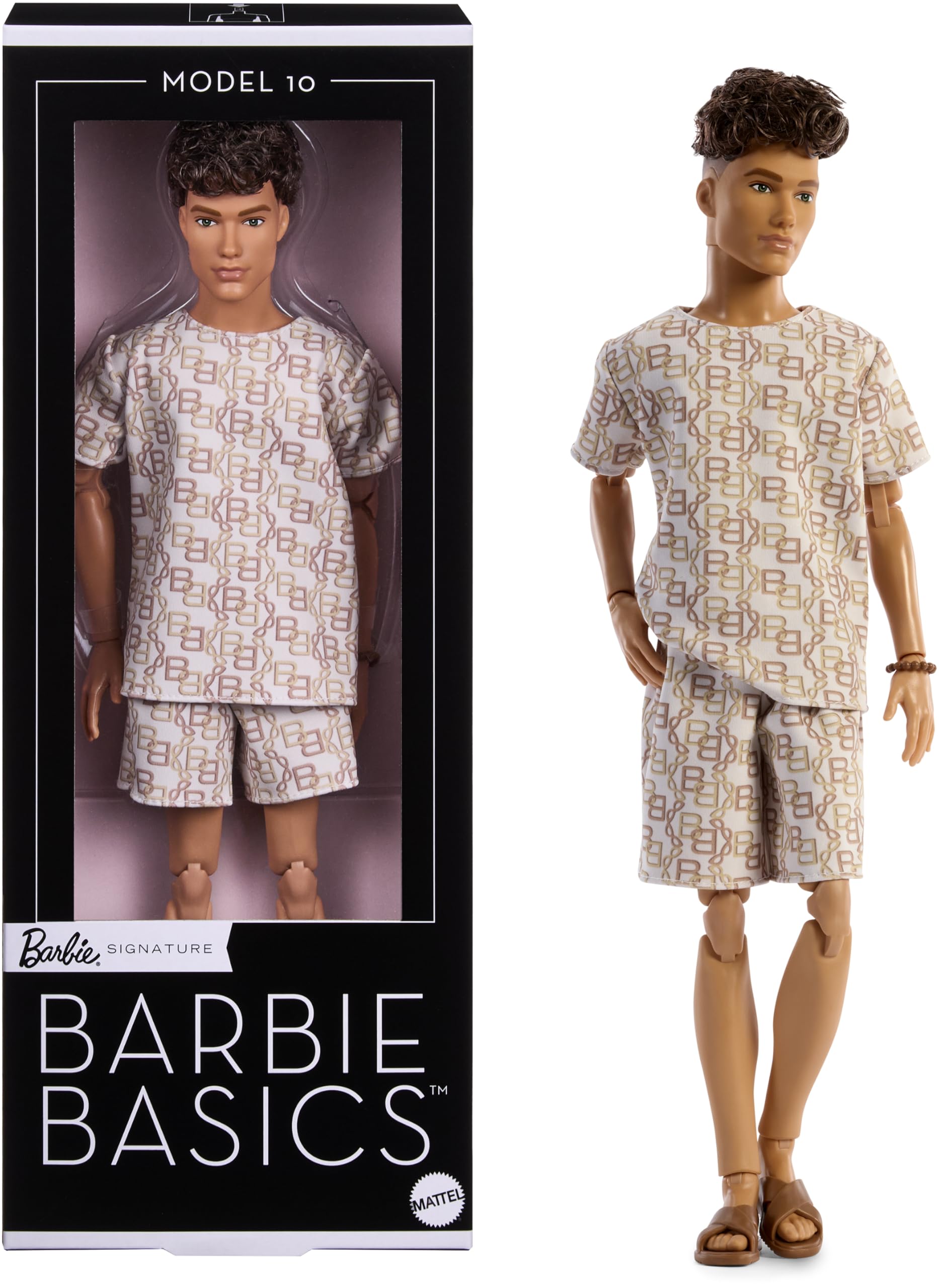 Photo 1 of Barbie Basics Model Collector Ken Fashion Doll 10 with Brunette Hair in Shirt & Shorts with Matching Print, Universal-fit Fashions & Posable Body