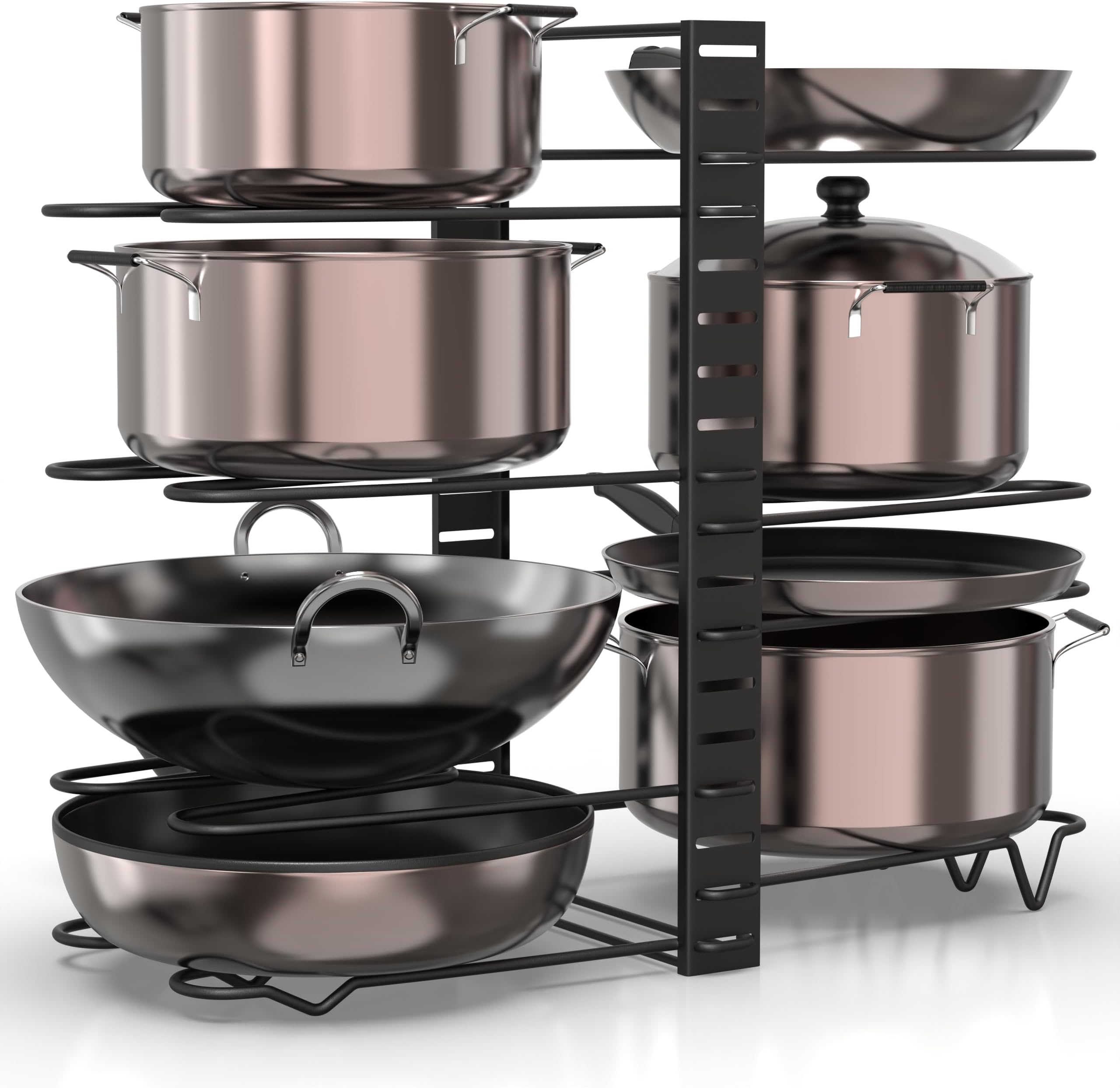 Amazon Brand - Umi 3 DIY Methods Iron Metal Portable Rack Organizer for Pots & Pans | 8 Pans Holder, 4-tiers Each side | Cabinet Pantry Pot Pan Lid Holder (Black)
