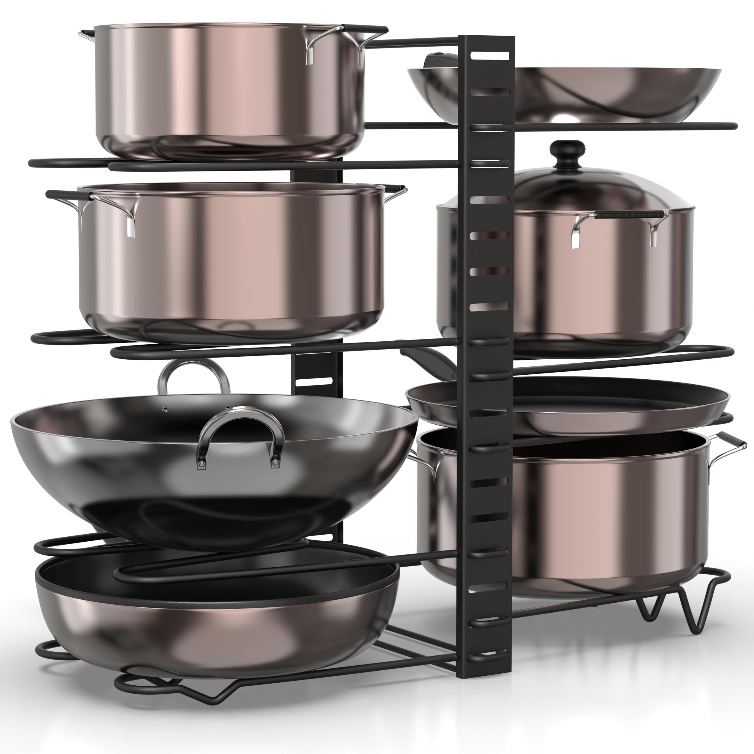 Amazon Brand - Umi 3 DIY Methods Iron Metal Portable Rack Organizer for Pots & Pans | 8 Pans Holder, 4-tiers Each side | Cabinet Pantry Pot Pan Lid Holder (Black)