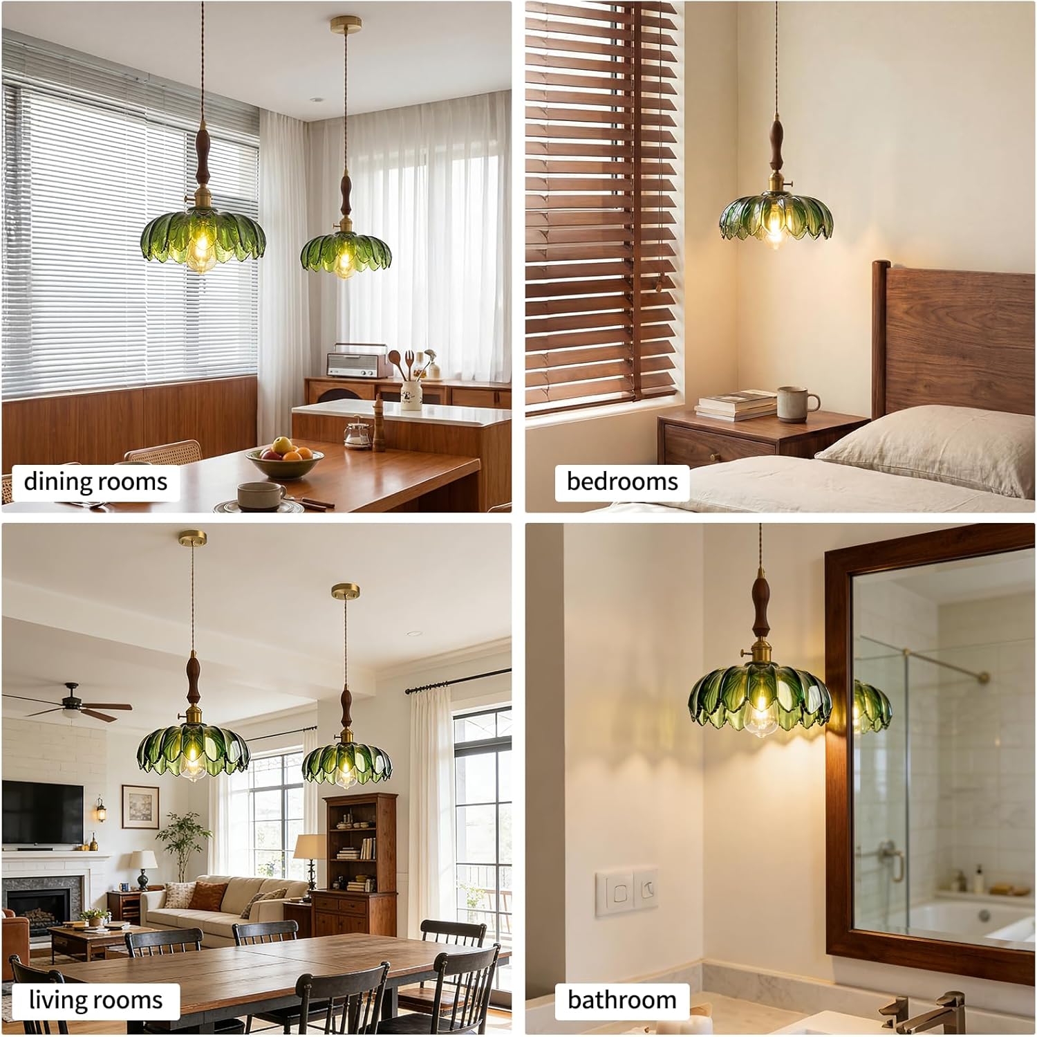 MODIVO Green Glass Vintage Pendant Light, Flower Hanging Lamp Fixture, Small Ceiling Chandelier, Island Lights for Kitchen, Dining Room, Bedroom Lighting