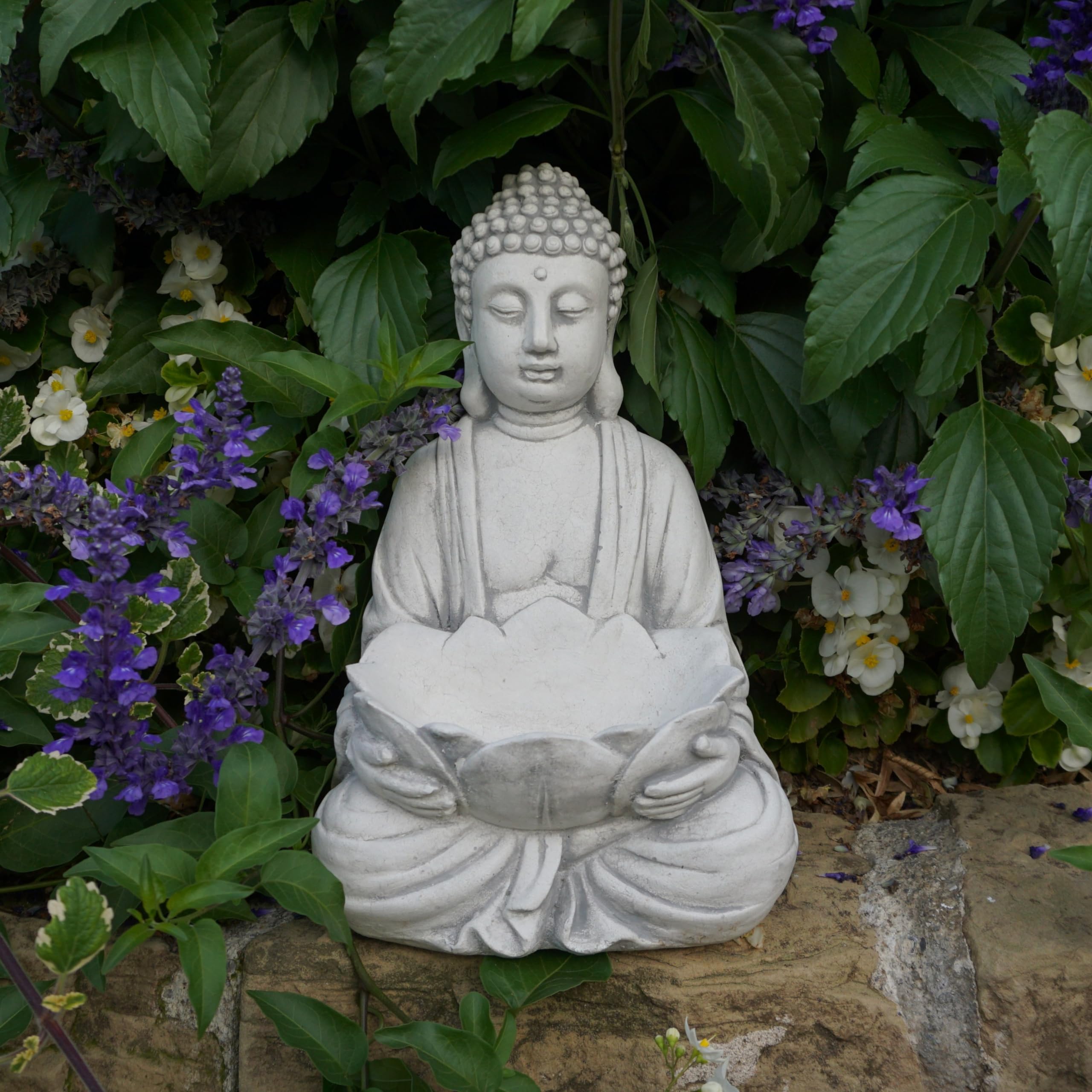 gartendekoparadies.de Statue en Pierre Massive de Bouddha avec Bol de Moine, Hauteur 30 cm, Bol : 13 x 7 x 4 cm, Gris, Poids 6 kg, Pierre coulée résistante au Gel