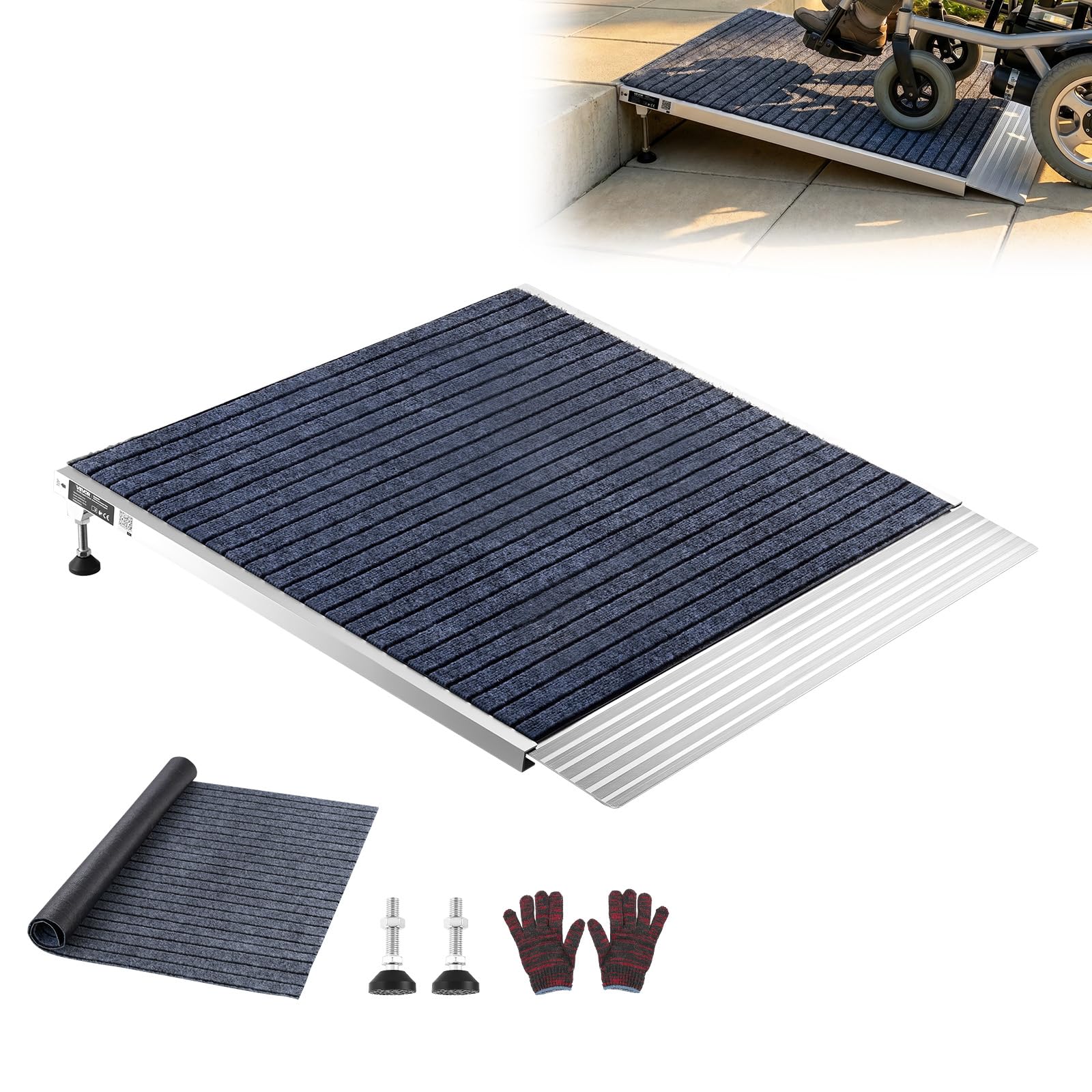 VEVOR Rampa progowa do drzwi, 91,5 x 91,5 cm, aluminiowa rampa do wózków inwalidzkich, regulowana wysokość, antypoślizgowa powierzchnia, maksymalne obciążenie 317,5 kg, do schodów, drzwi, wózków i