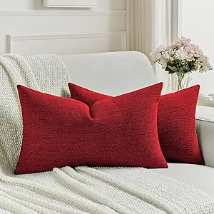 FUTEI Red Chenille Decorative Throw Pillow Covers 12x20 Inch Set of 2,Soft Cozy Faux Linen Textured Lumbar Pillow Cases,Farmhouse Home Decor for Couch Living Room