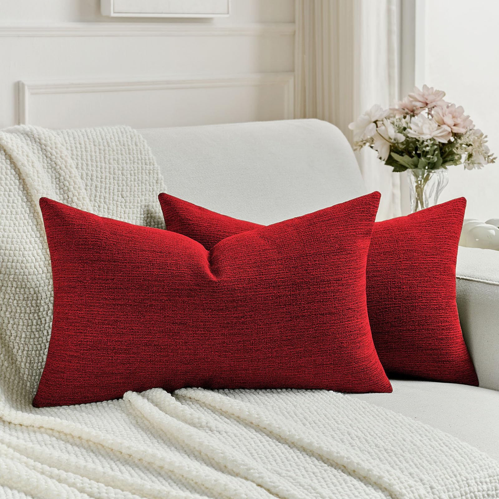 FUTEI Set of 2 Solid Chenille Cushion Covers 30 x 50 cm, Red