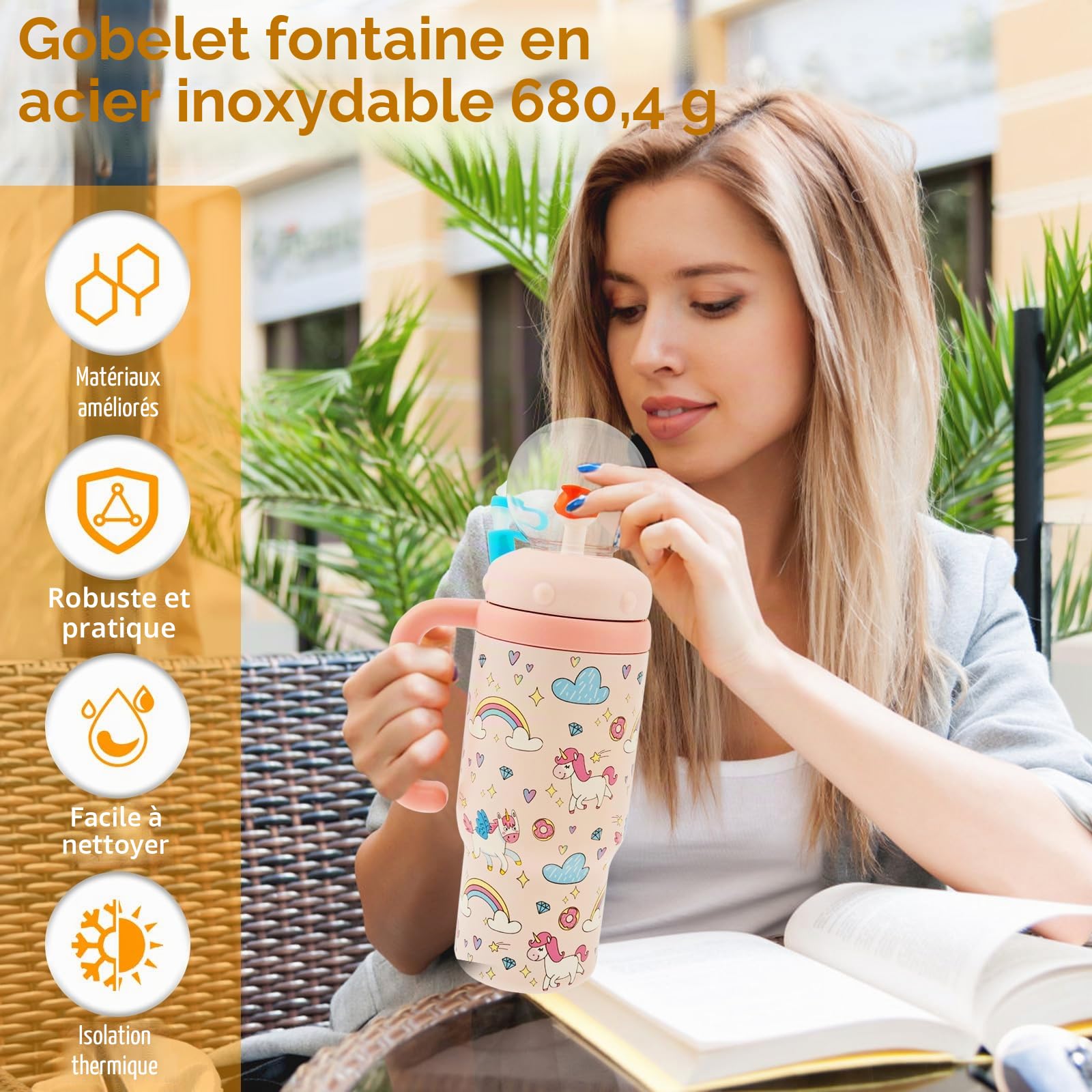Gobelet de fontaine en acier inoxydable 710 ml anti-fuite avec couvercle anse paille pour enfants adolescents adultes