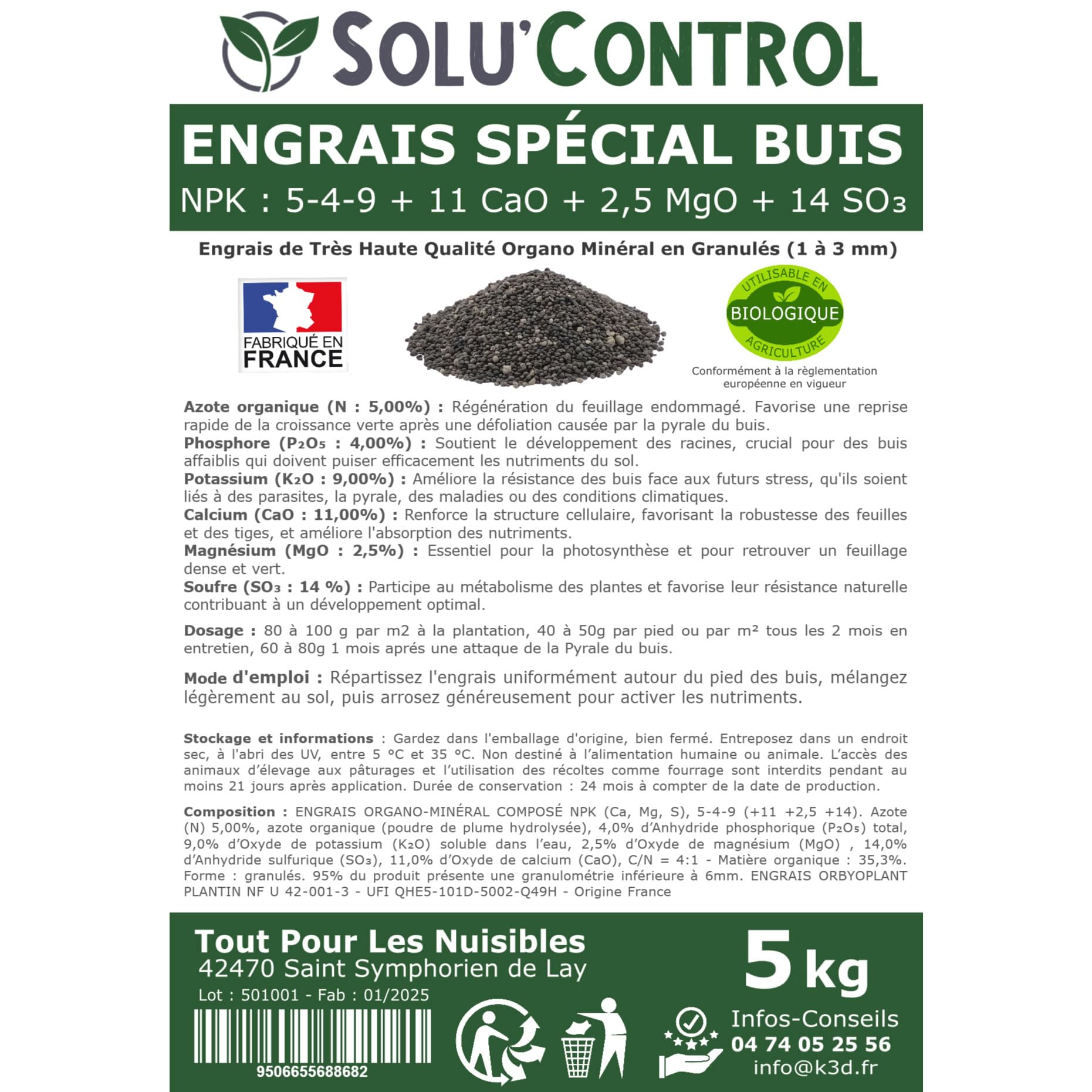 Engrais Spécial Buis 5 kg - SoluControl - Formulation haute qualité Organo-Minerale - Idéal après attaque de la chenille de la Pyrale ou maladies du buis