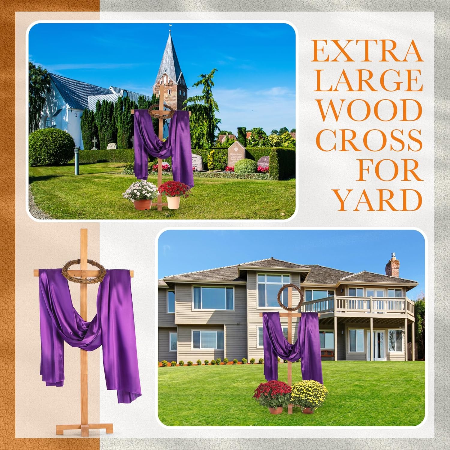CroBlissful 58'' Large Easter Wood Cross with Jesus Crown of Thorns & Satin Purple Cloth, Large Standing Cross Decoration He Is Risen Outdoor Easter Decor for Lent Church Christian Religious