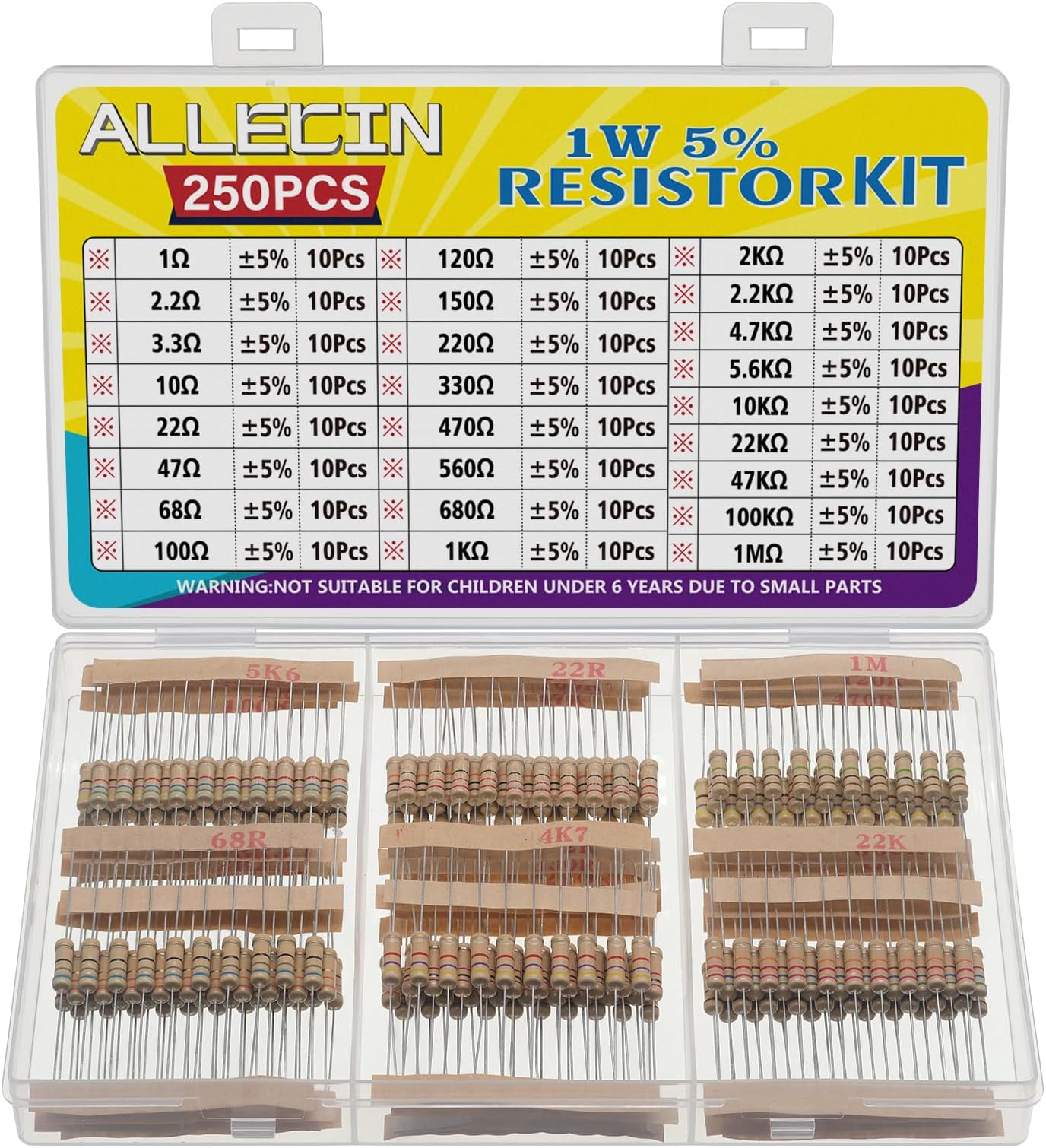 25 Values 1W Carbon Film Resistor Kit from 1 Ohm to 1M Ohm 1 Watt 5% Resistors Assortment
